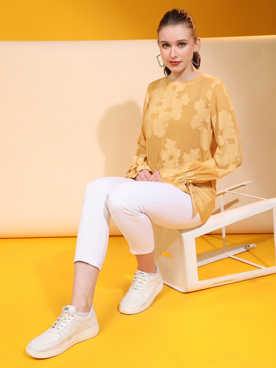 Mustard Self Design Casual Jacquard Top