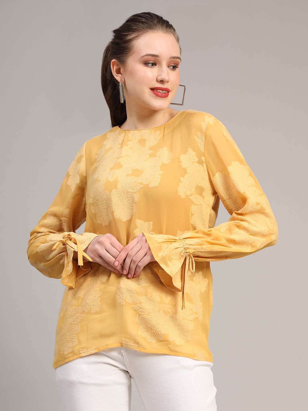 Mustard Self Design Casual Jacquard Top