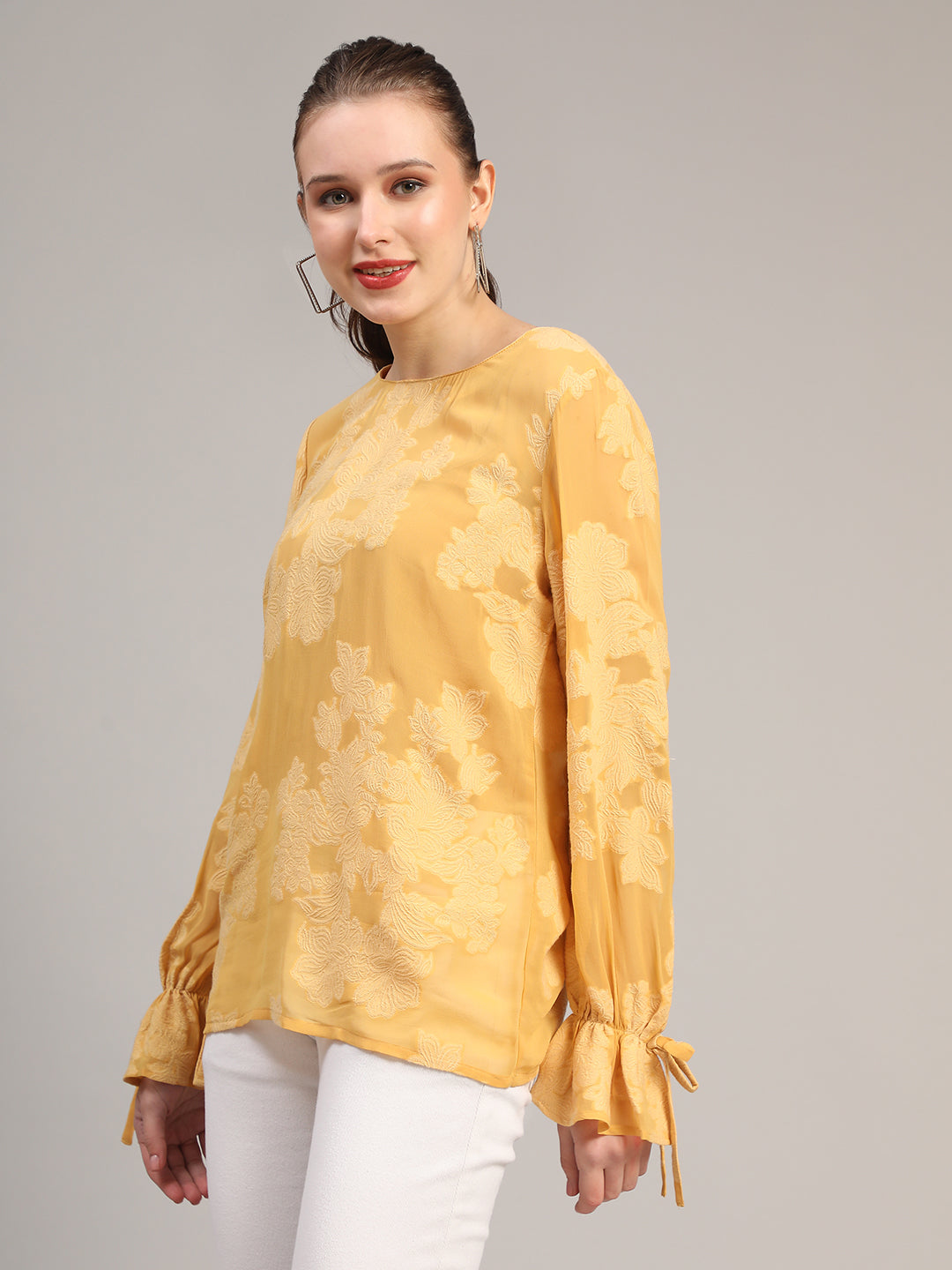 Mustard Self Design Casual Jacquard Top