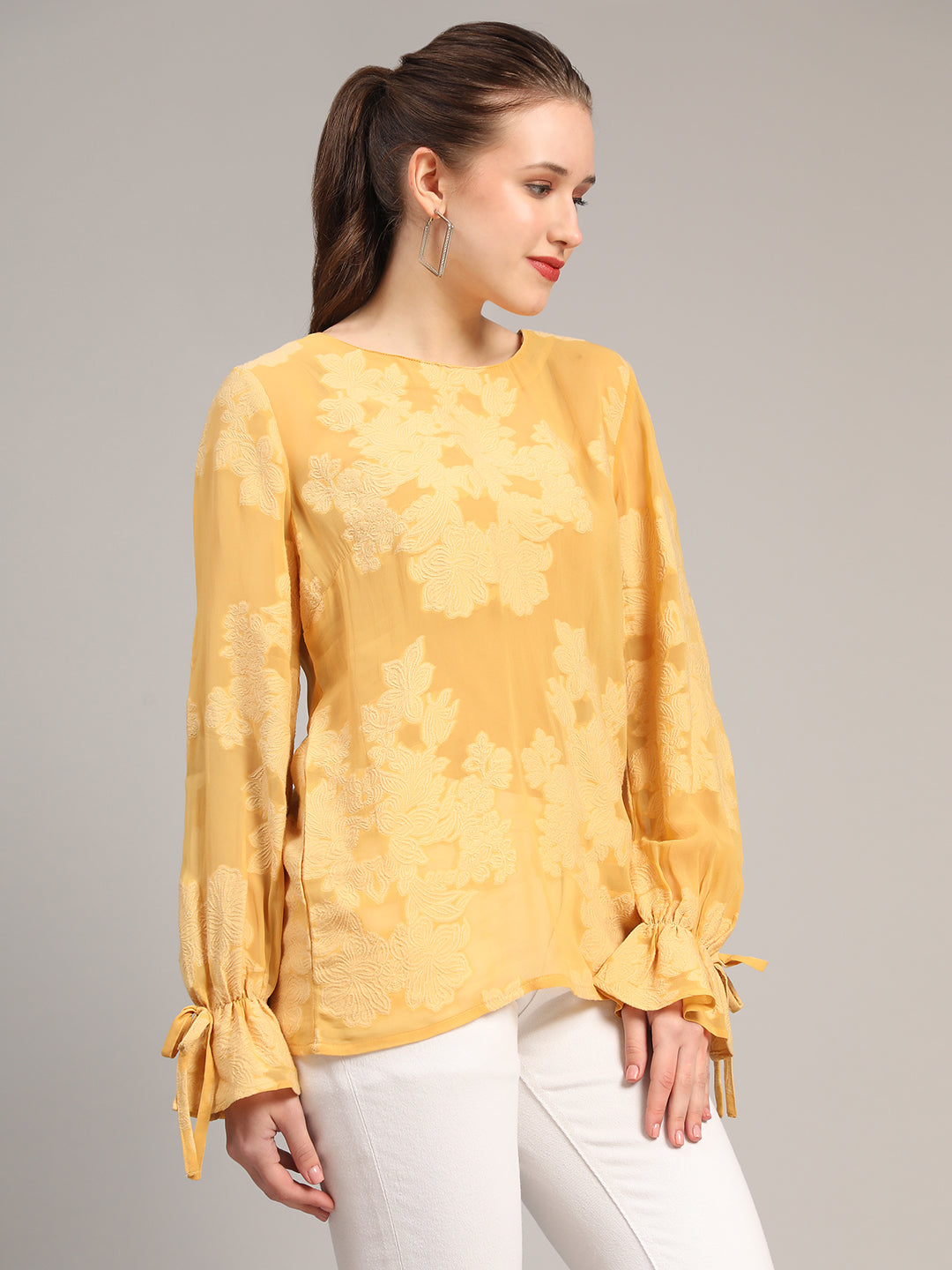 Mustard Self Design Casual Jacquard Top