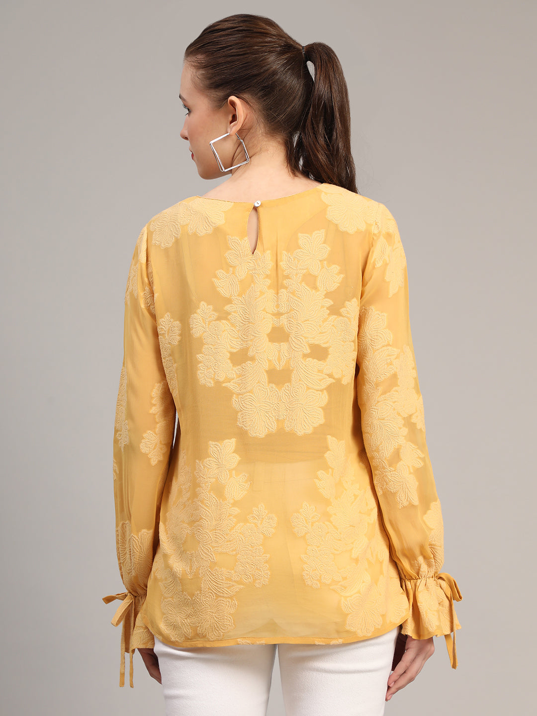 Mustard Self Design Casual Jacquard Top