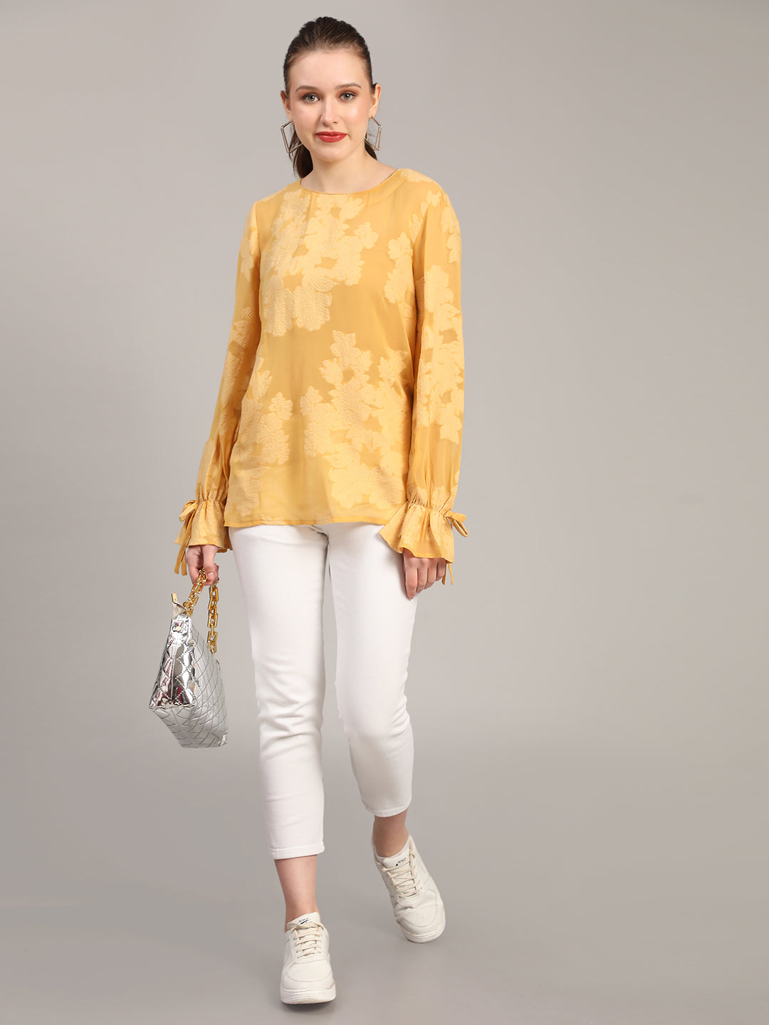 Mustard Self Design Casual Jacquard Top