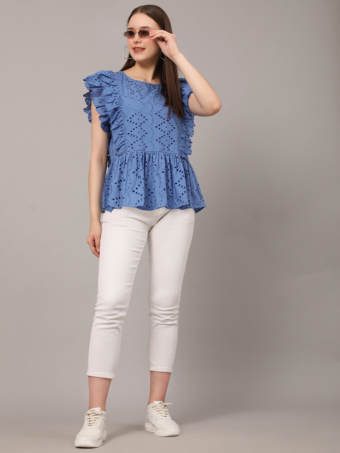 Blue Self Design Casual Embroidered Top