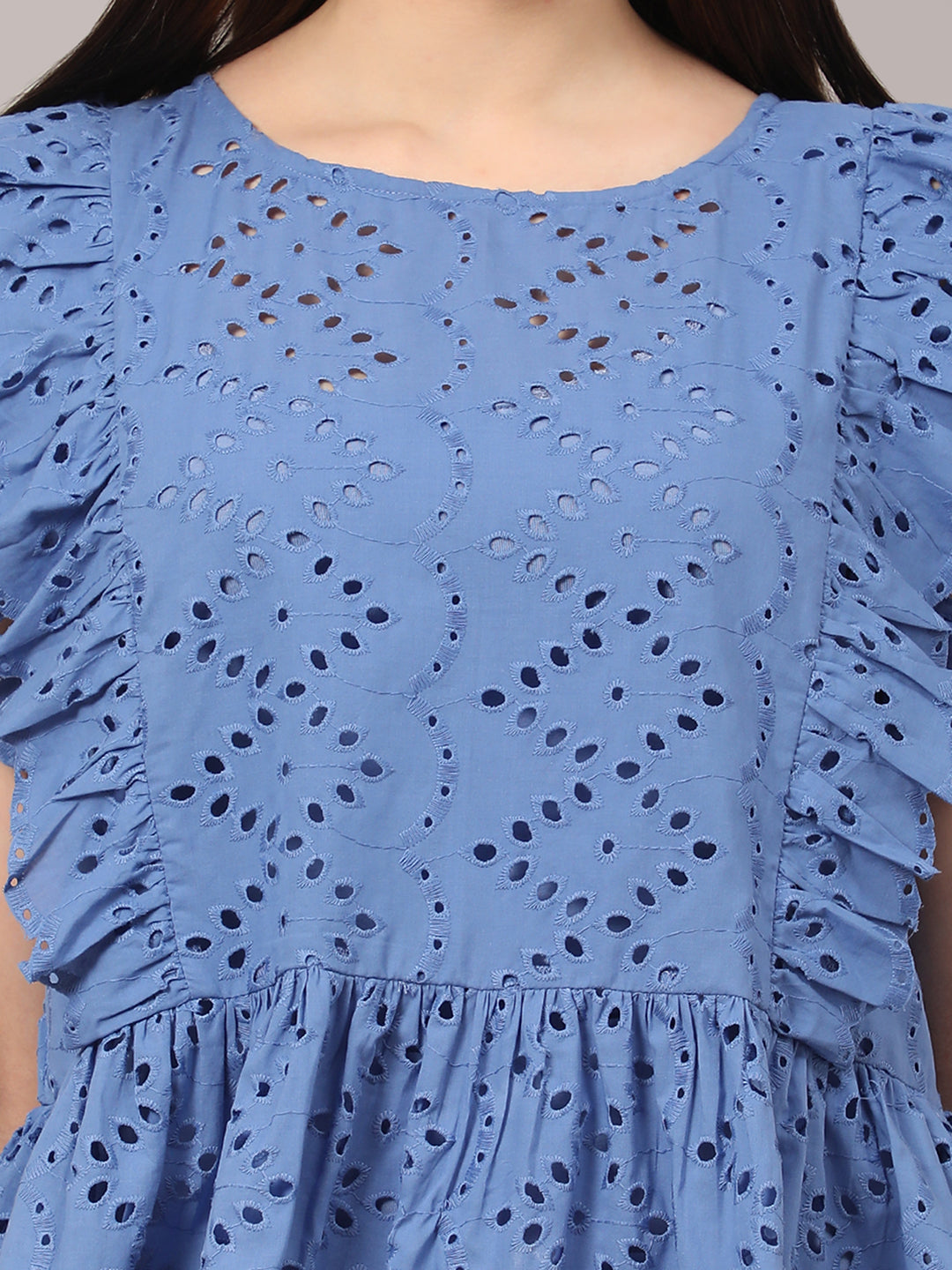 Blue Self Design Casual Embroidered Top