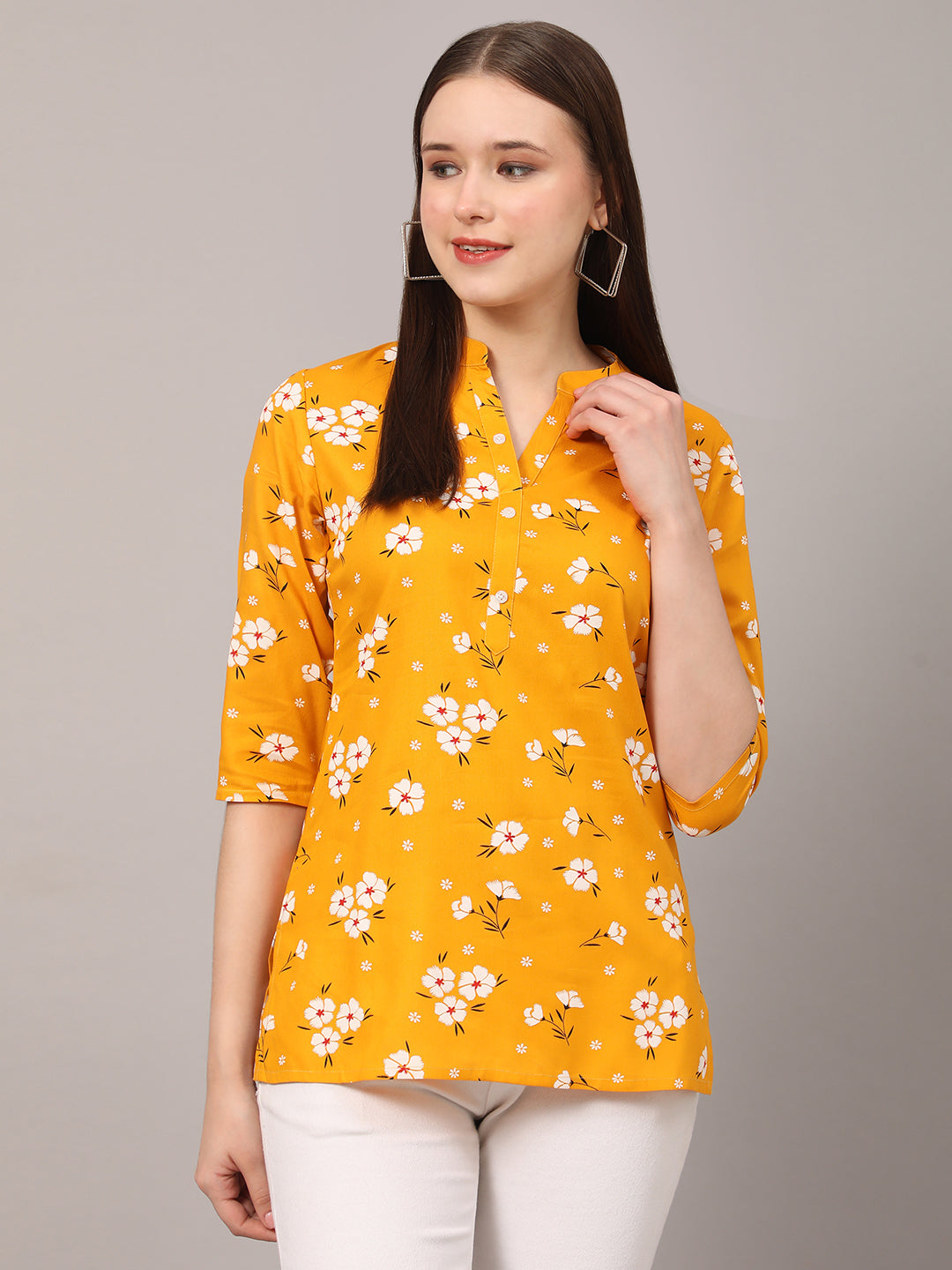 Yellow Floral Printed Casual Kurta Top