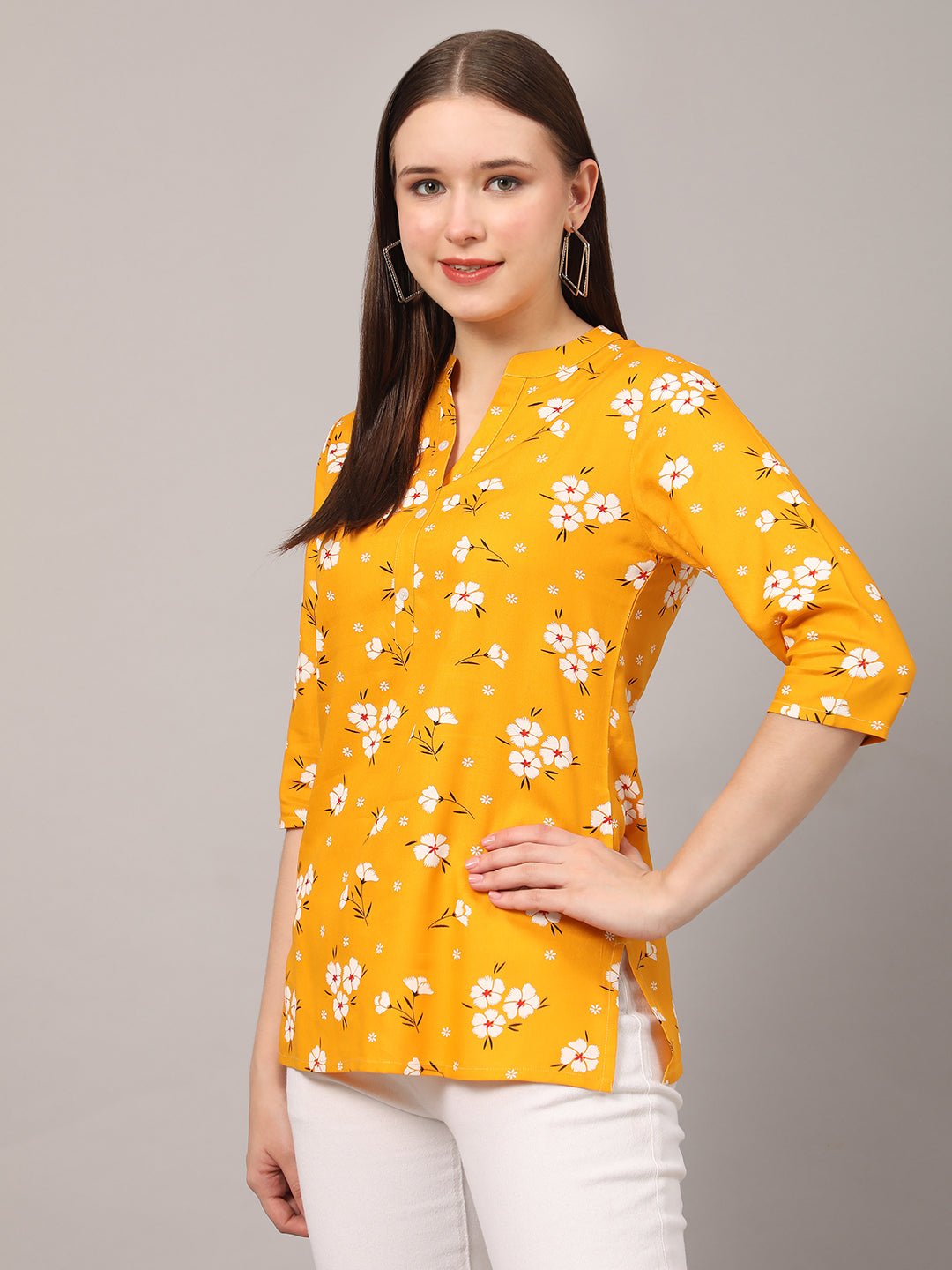 Yellow Floral Printed Casual Kurta Top Yellow