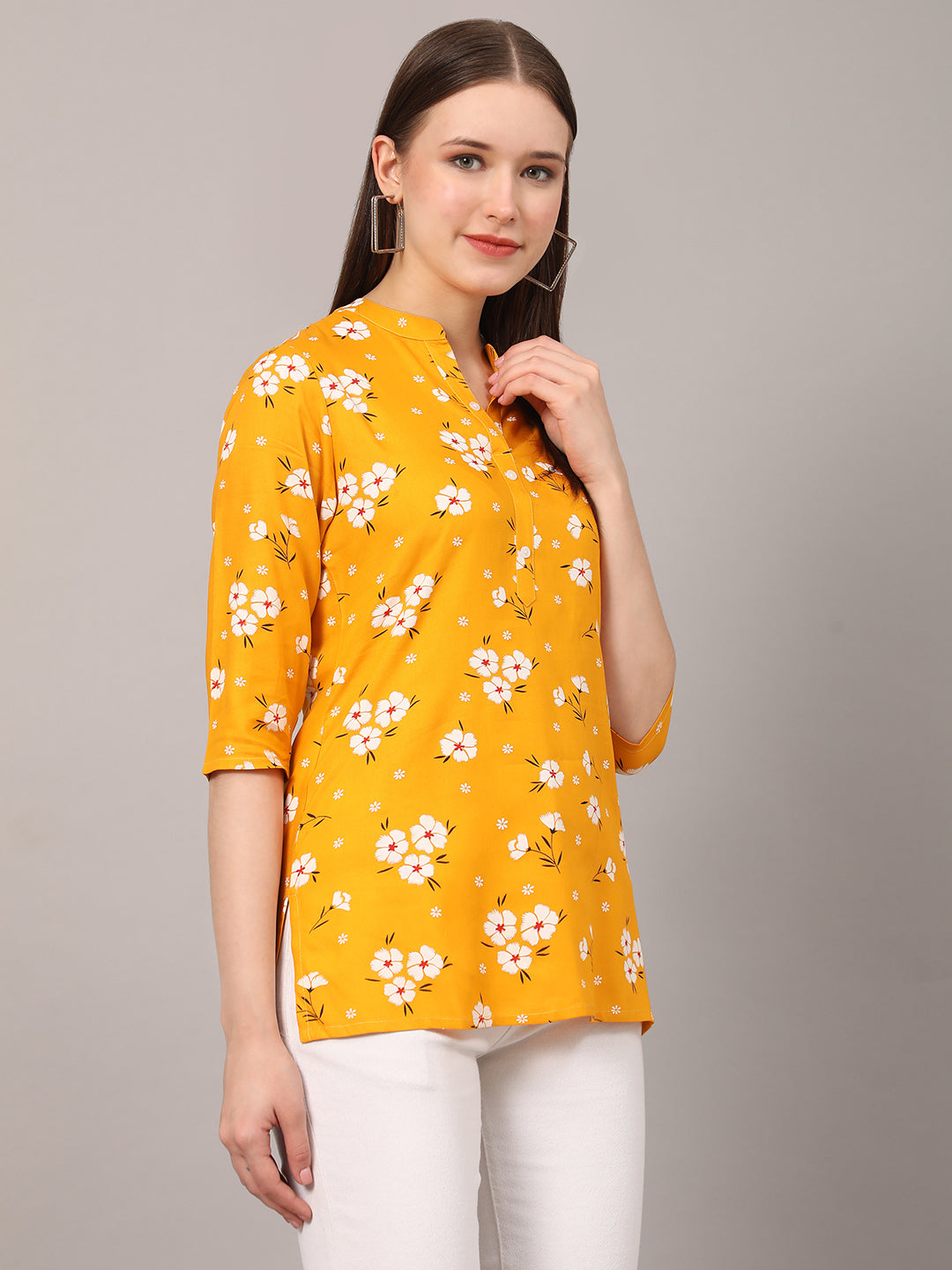 Yellow Floral Printed Casual Kurta Top