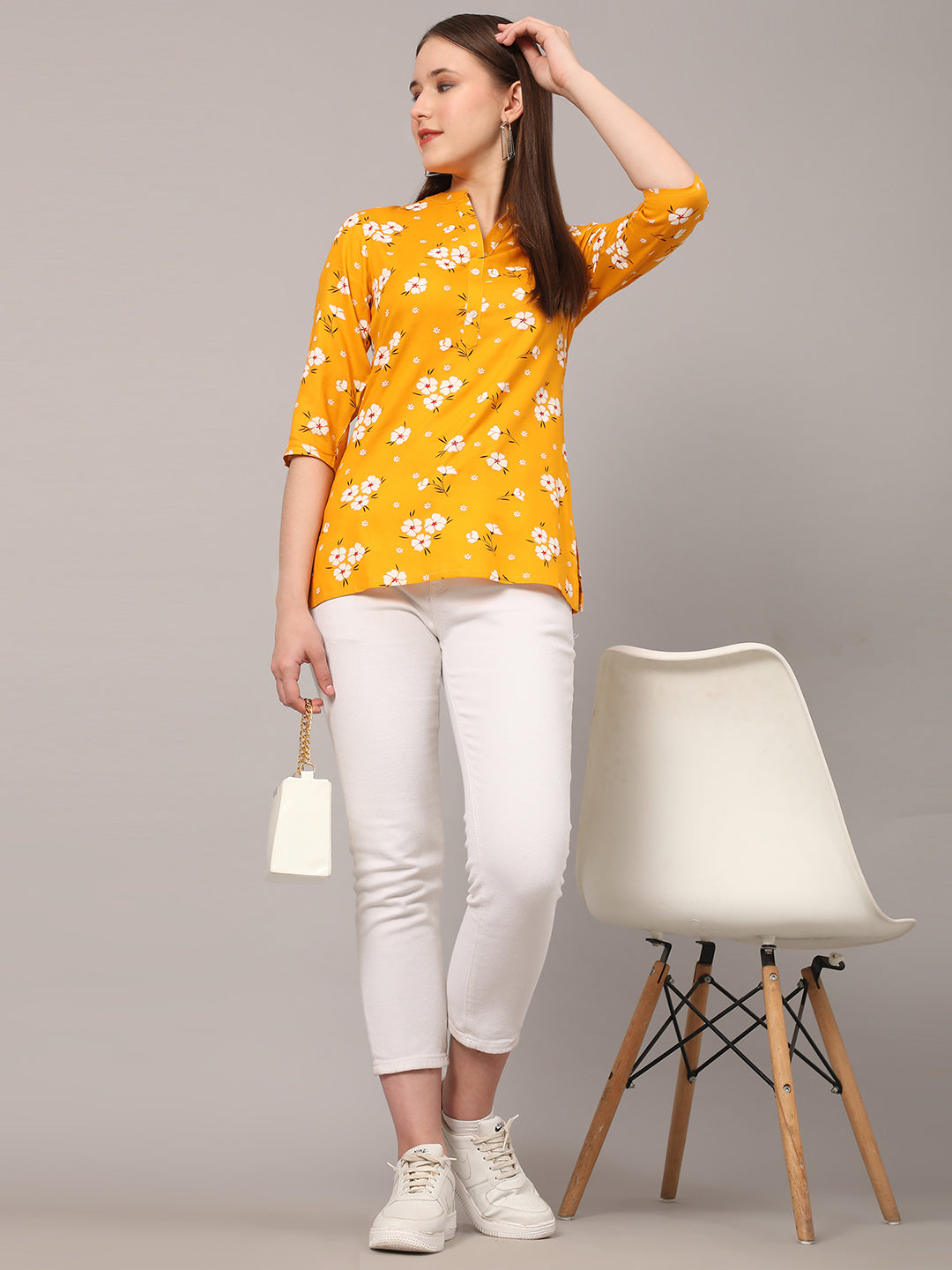 Yellow Floral Printed Casual Kurta Top