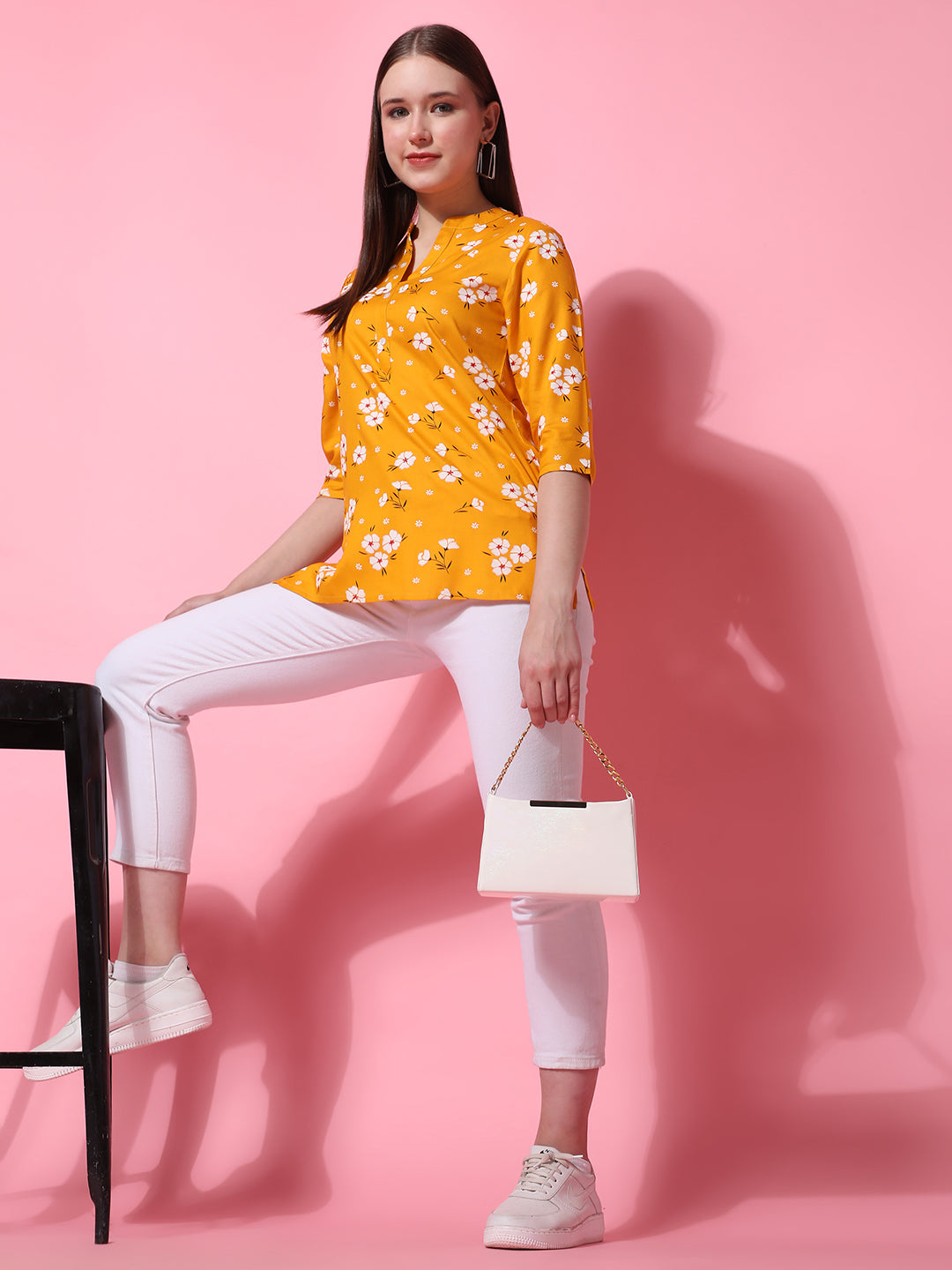 Yellow Floral Printed Casual Kurta Top