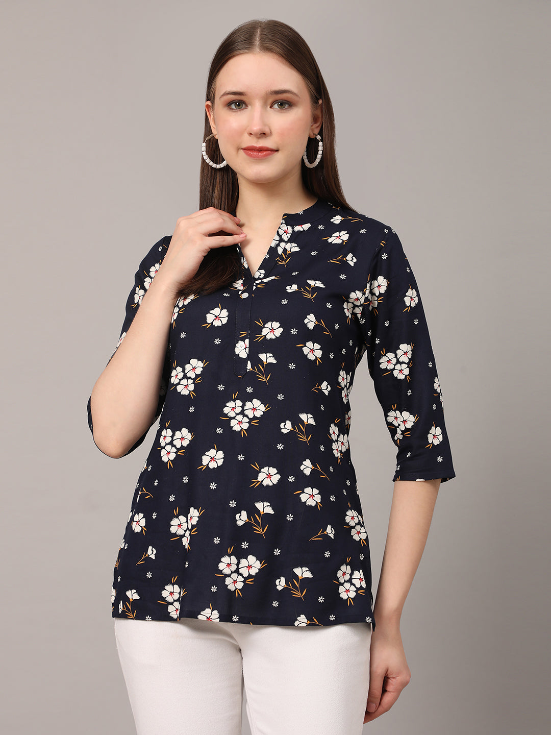 Nude Floral Printed Casual Kurta Top Navy Blue