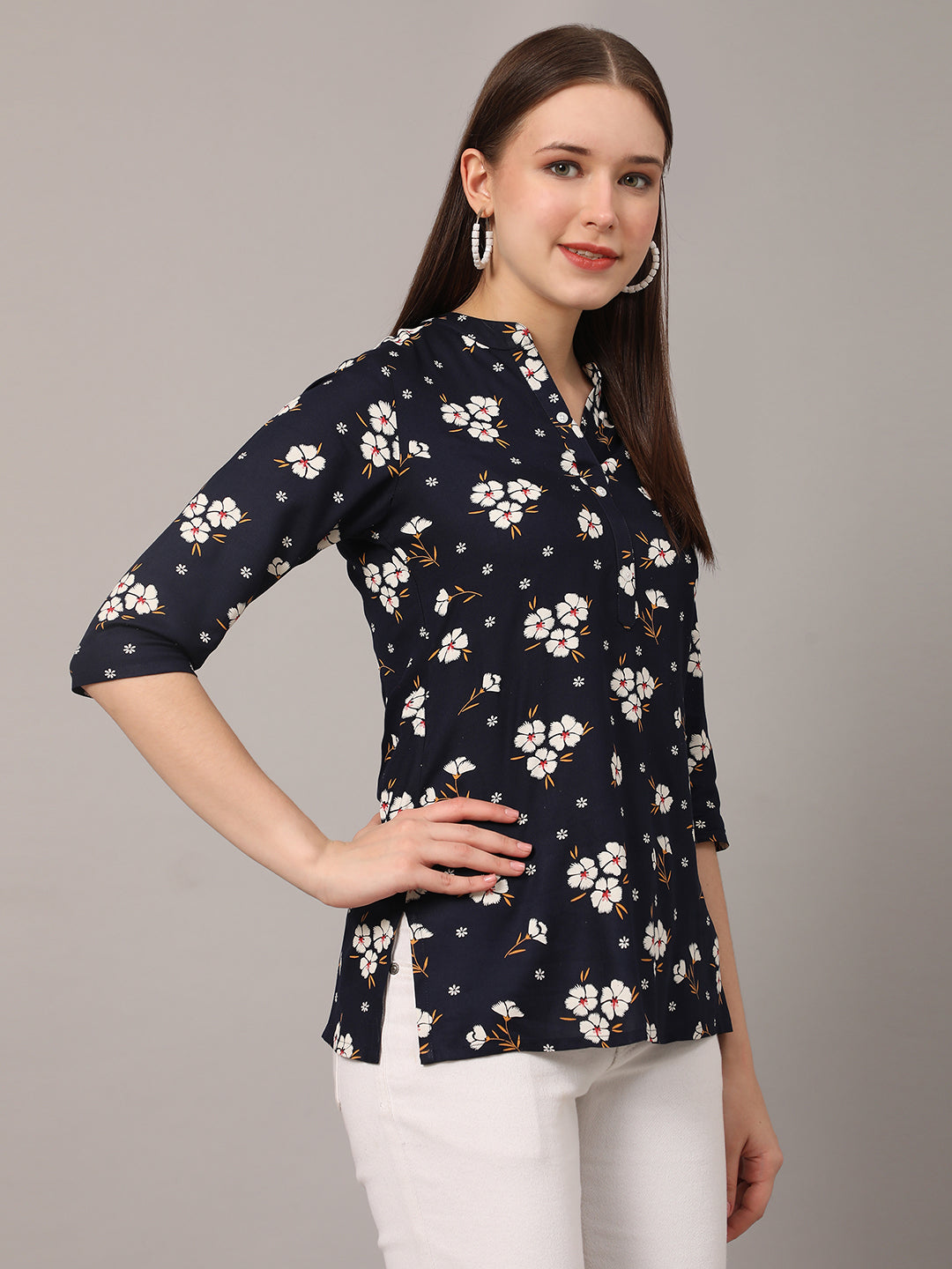 Grey Floral Printed Casual Kurta Top