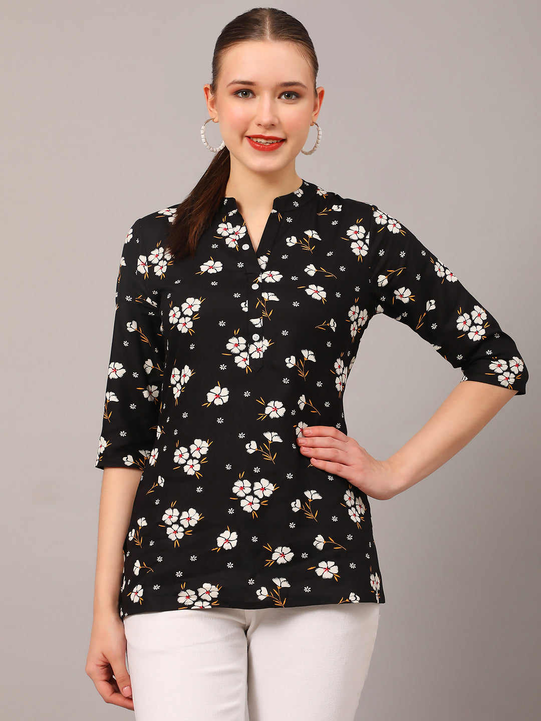 Grey Floral Printed Casual Kurta Top Black