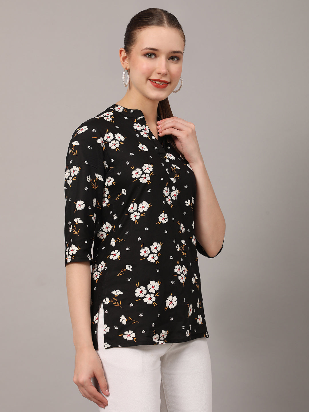 Yellow Floral Printed Casual Kurta Top