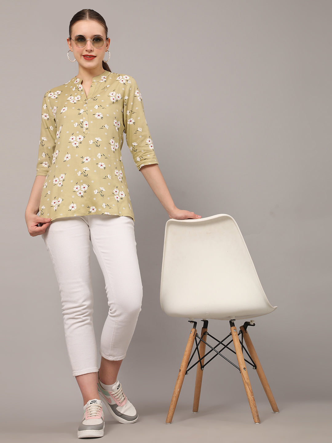 Nude Floral Printed Casual Kurta Top