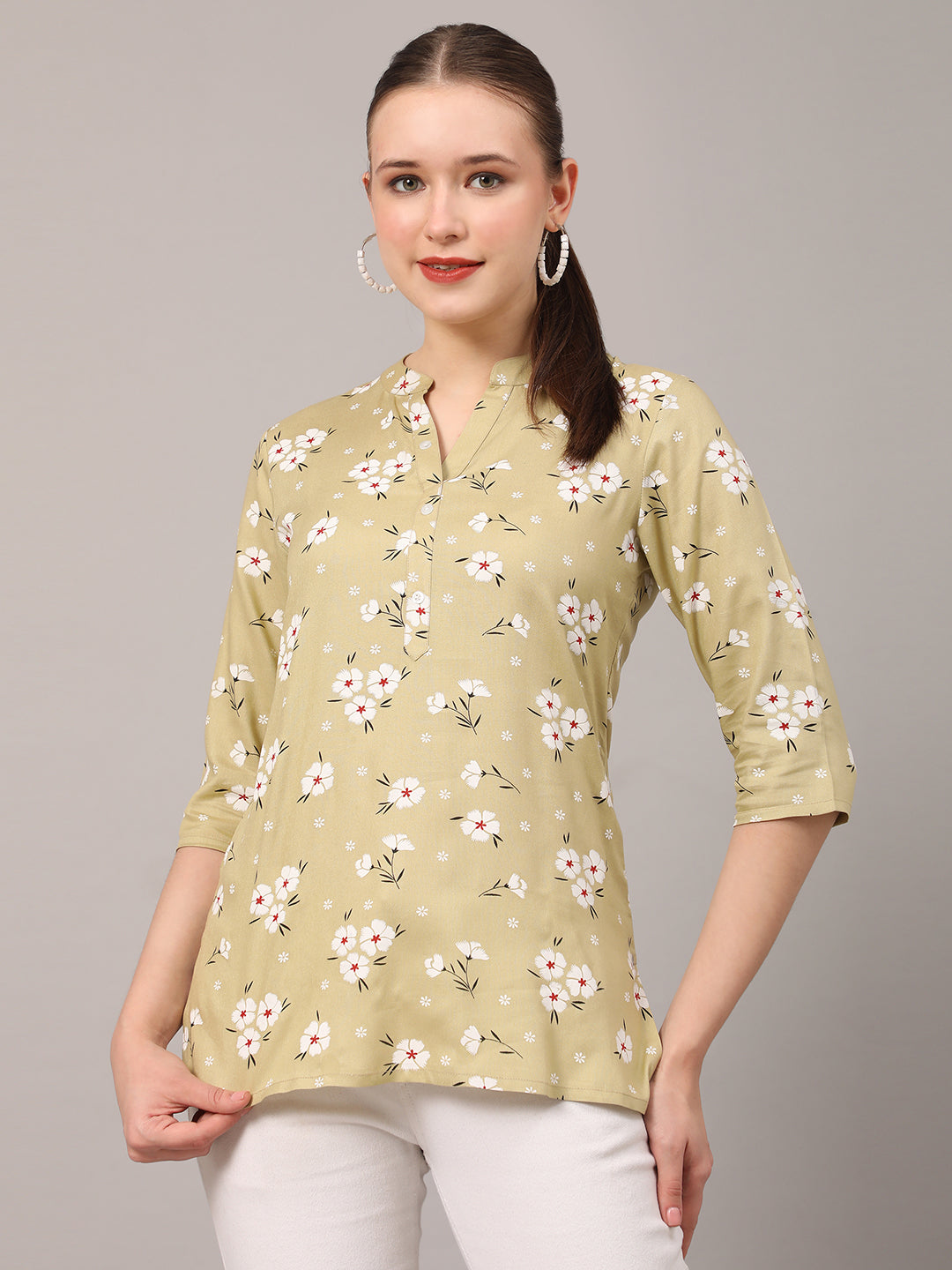 Grey Floral Printed Casual Kurta Top Nude