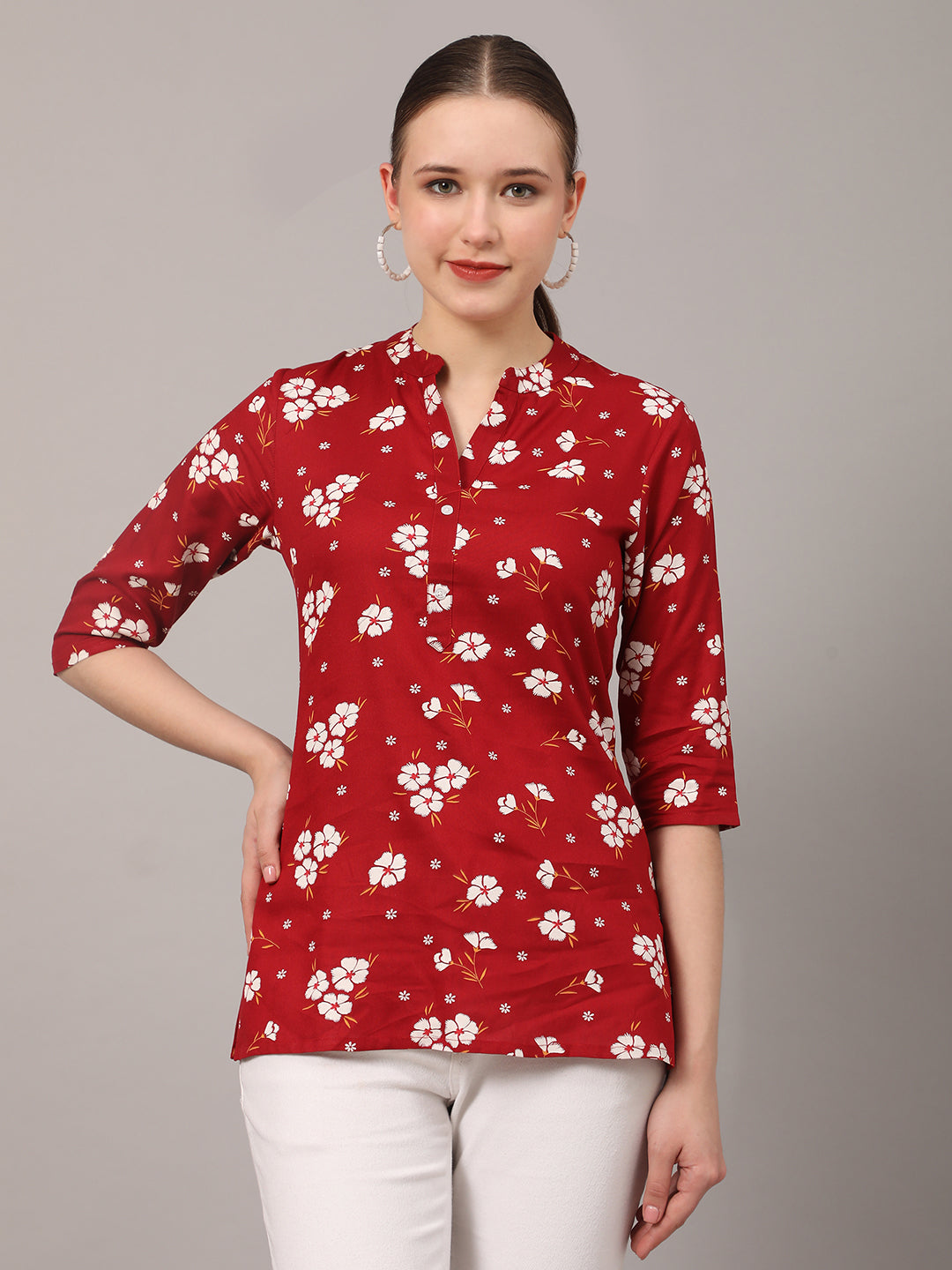 Grey Floral Printed Casual Kurta Top Maroon