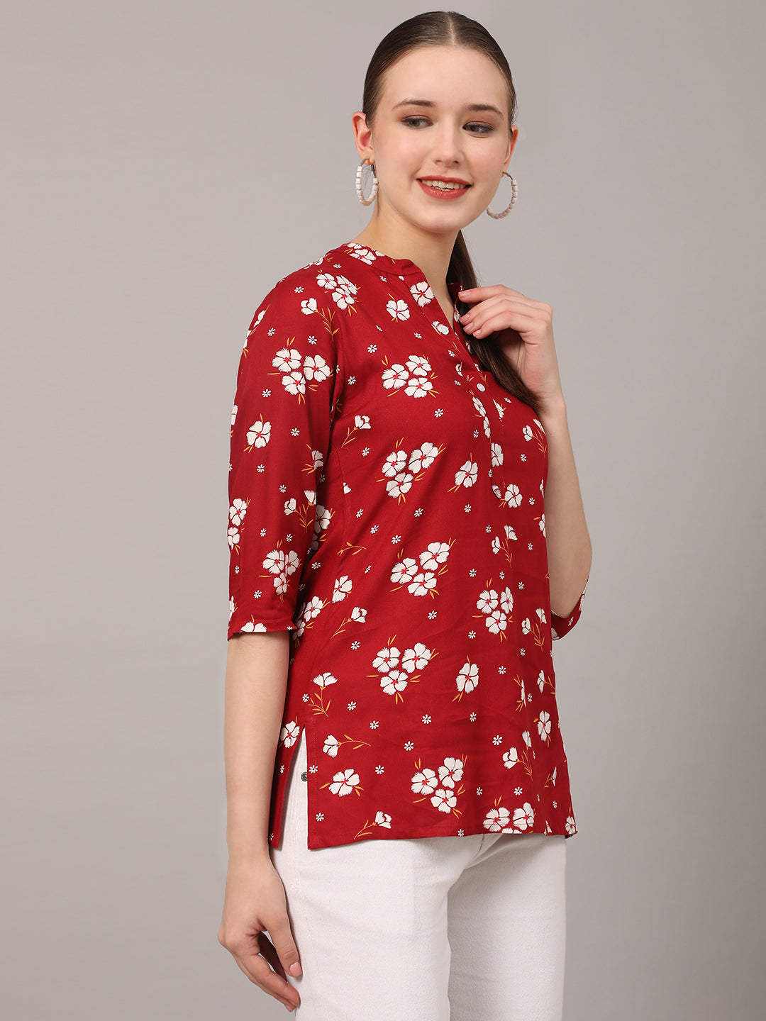 Grey Floral Printed Casual Kurta Top