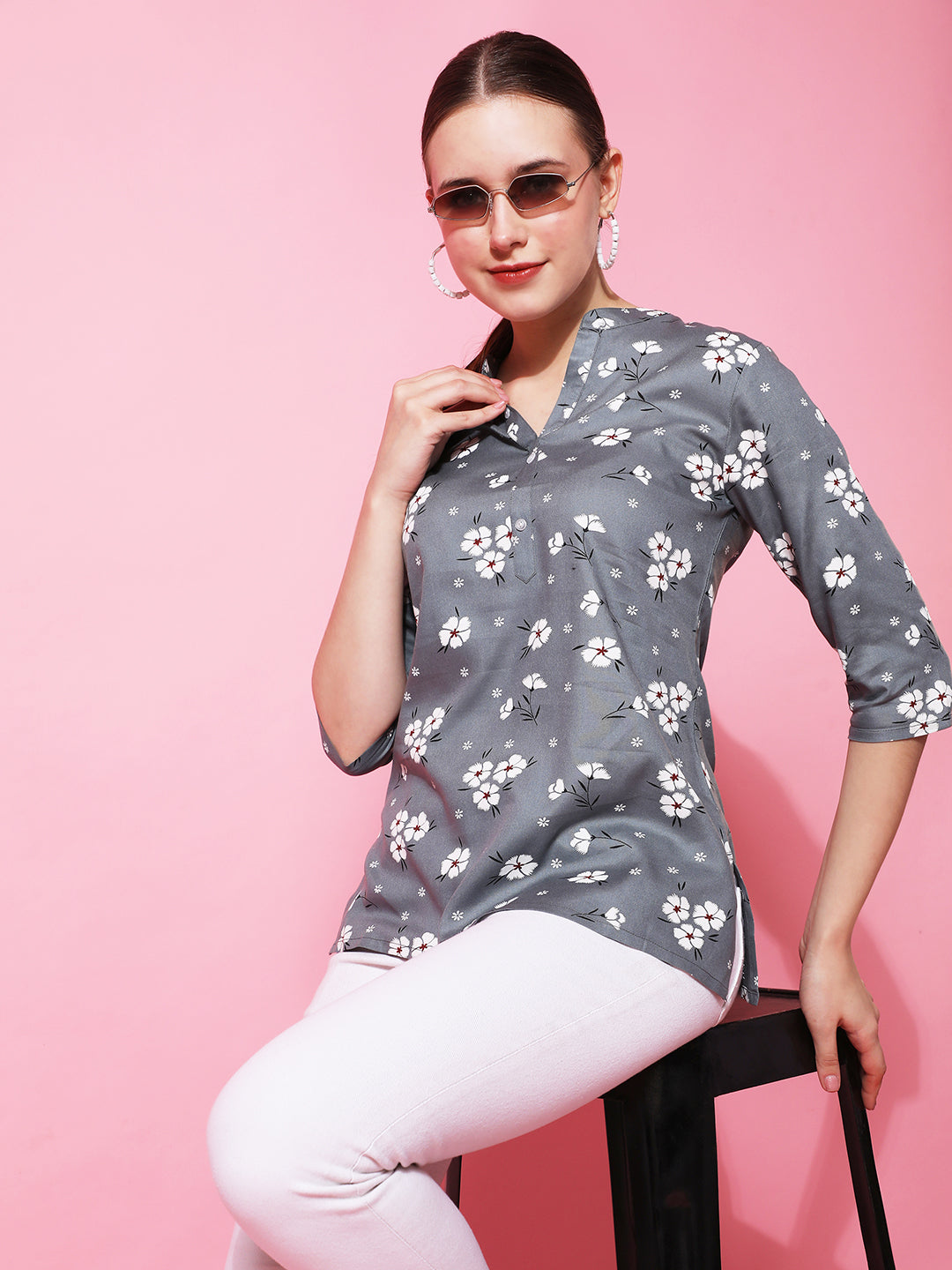 Grey Floral Printed Casual Kurta Top