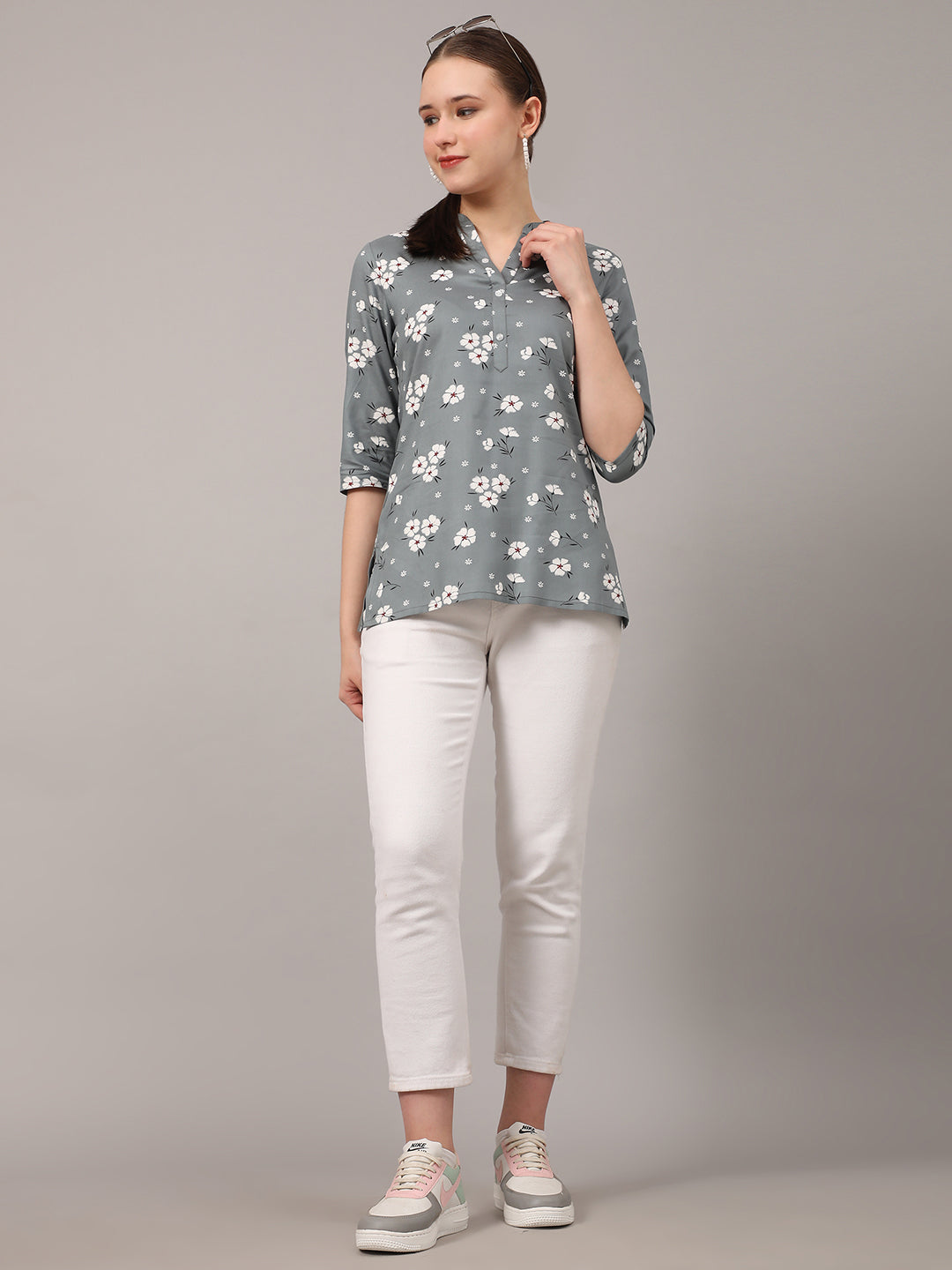 Grey Floral Printed Casual Kurta Top