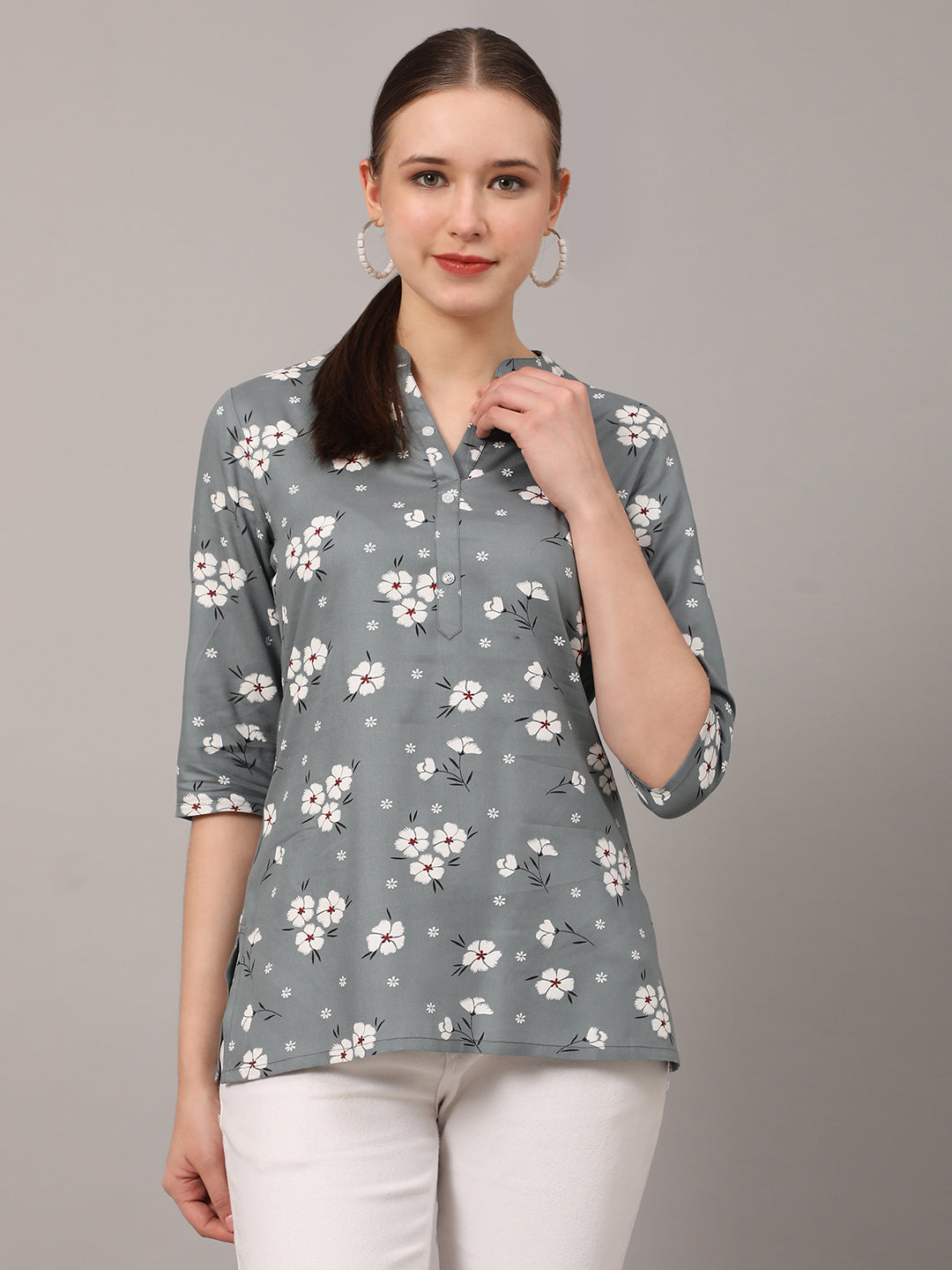 Grey Floral Printed Casual Kurta Top Grey