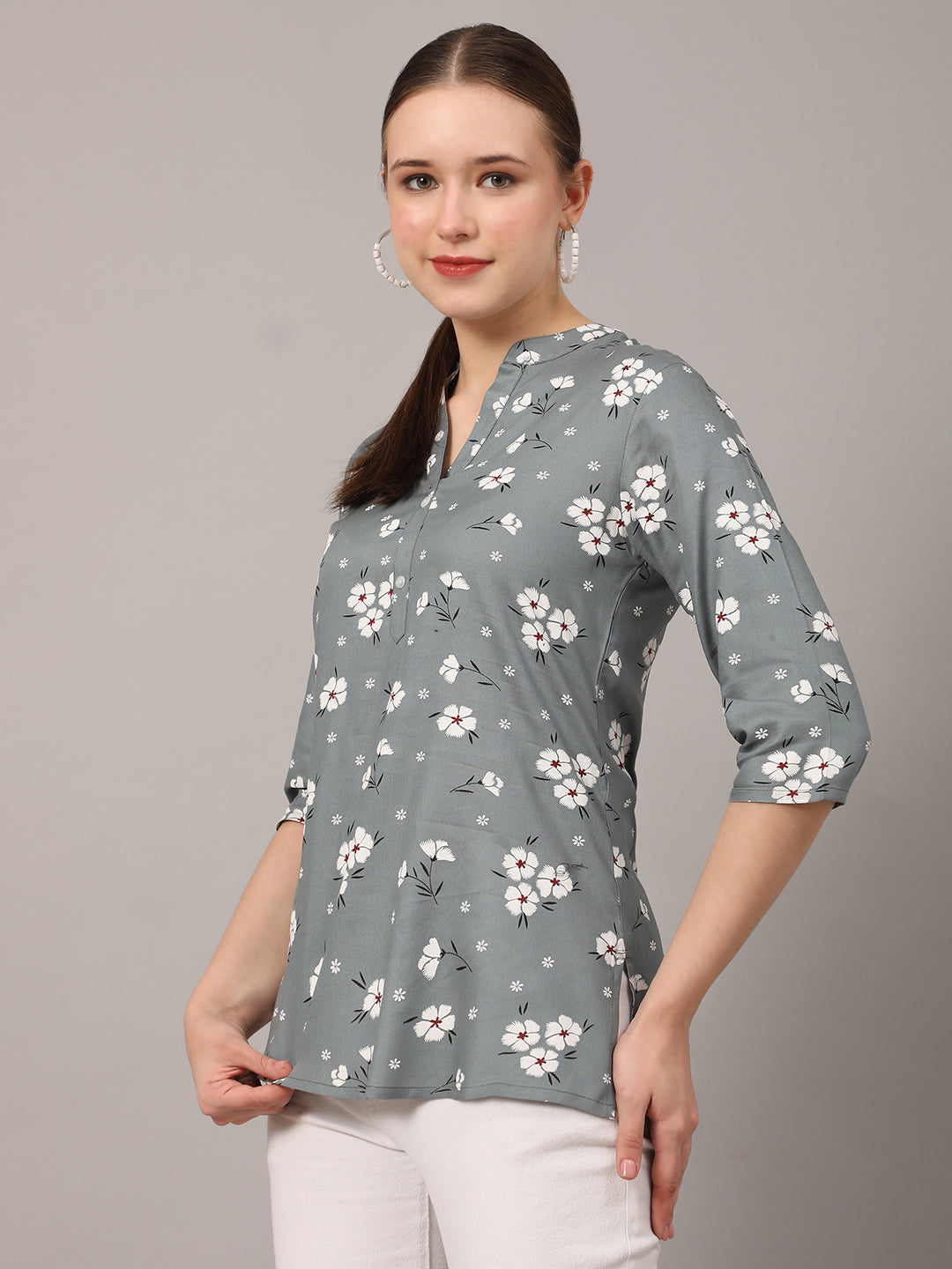 Grey Floral Printed Casual Kurta Top