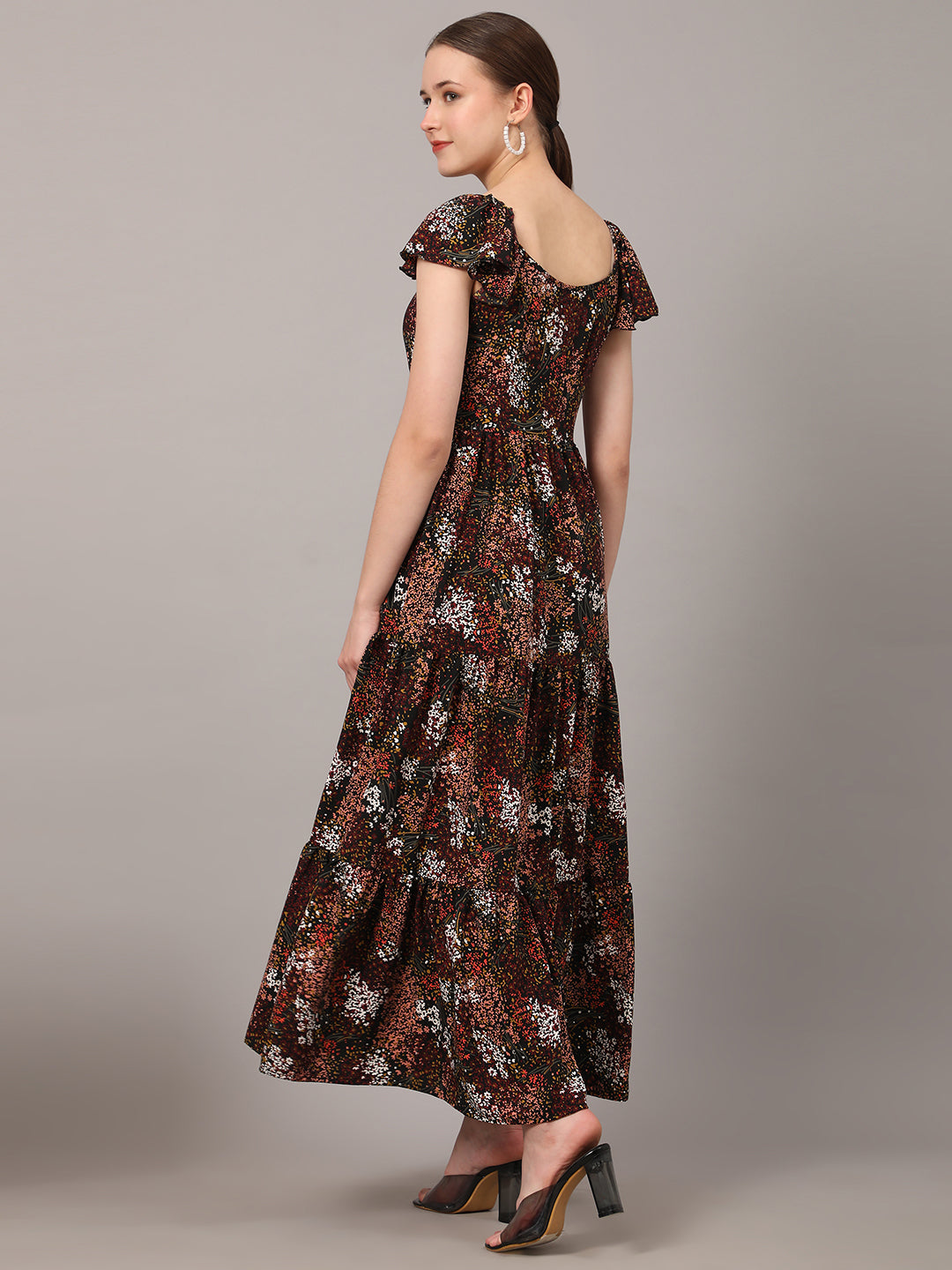 Pomegal Brown Floral Printed Tiered Maxi Dress