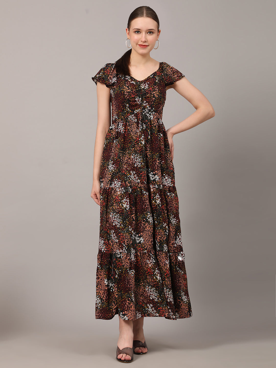 Pomegal Brown Floral Printed Tiered Maxi Dress