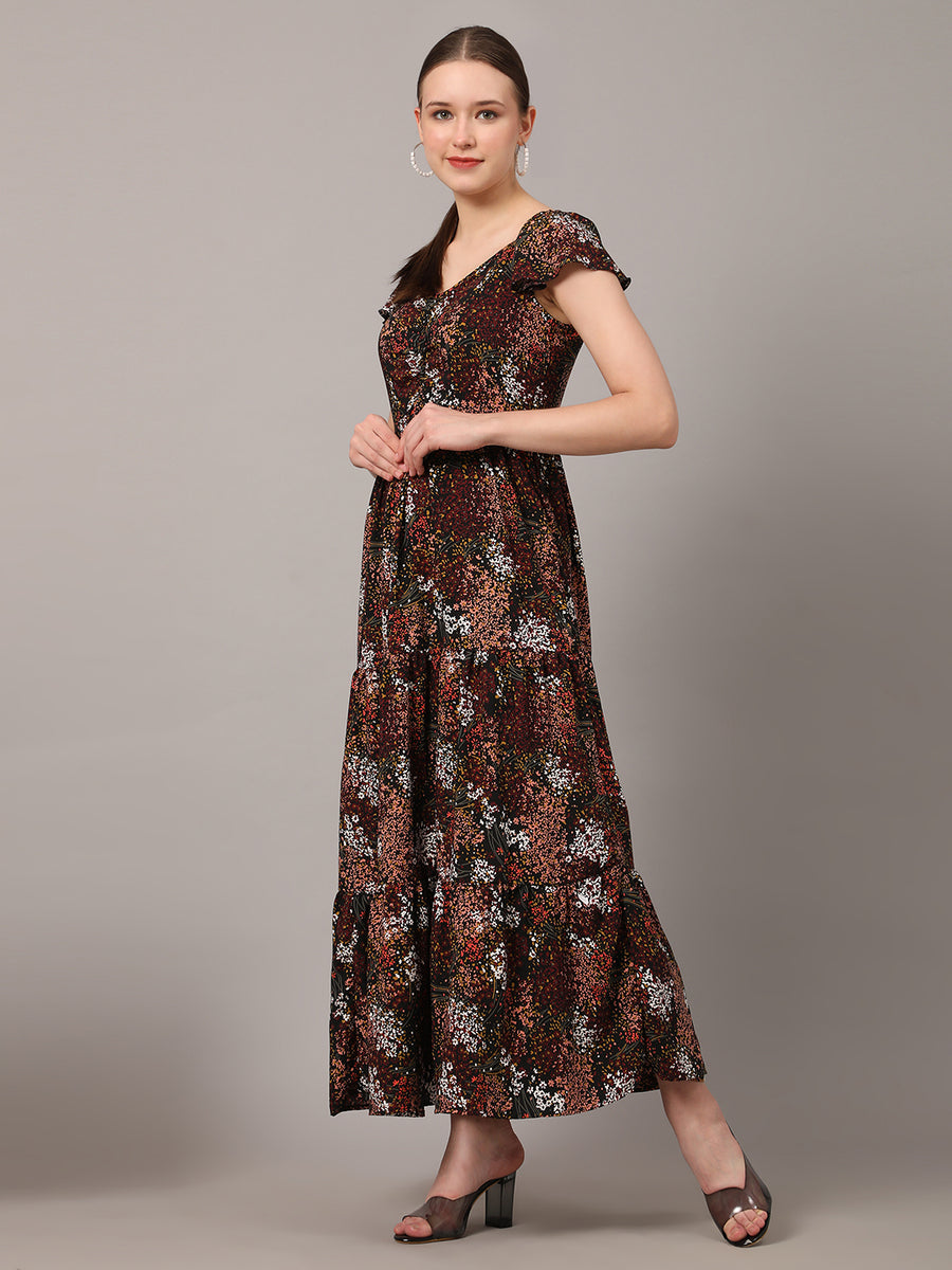 Pomegal Brown Floral Printed Tiered Maxi Dress