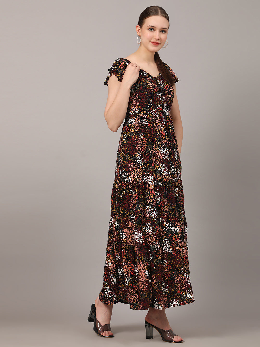 Pomegal Brown Floral Printed Tiered Maxi Dress