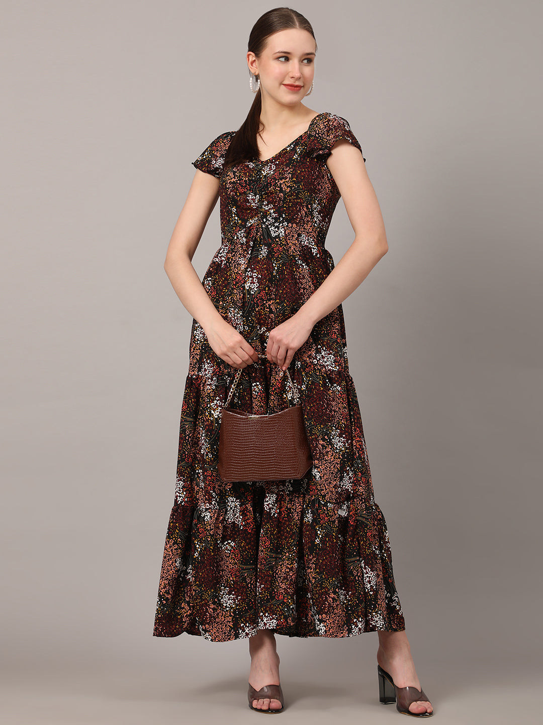 Pomegal Brown Floral Printed Tiered Maxi Dress