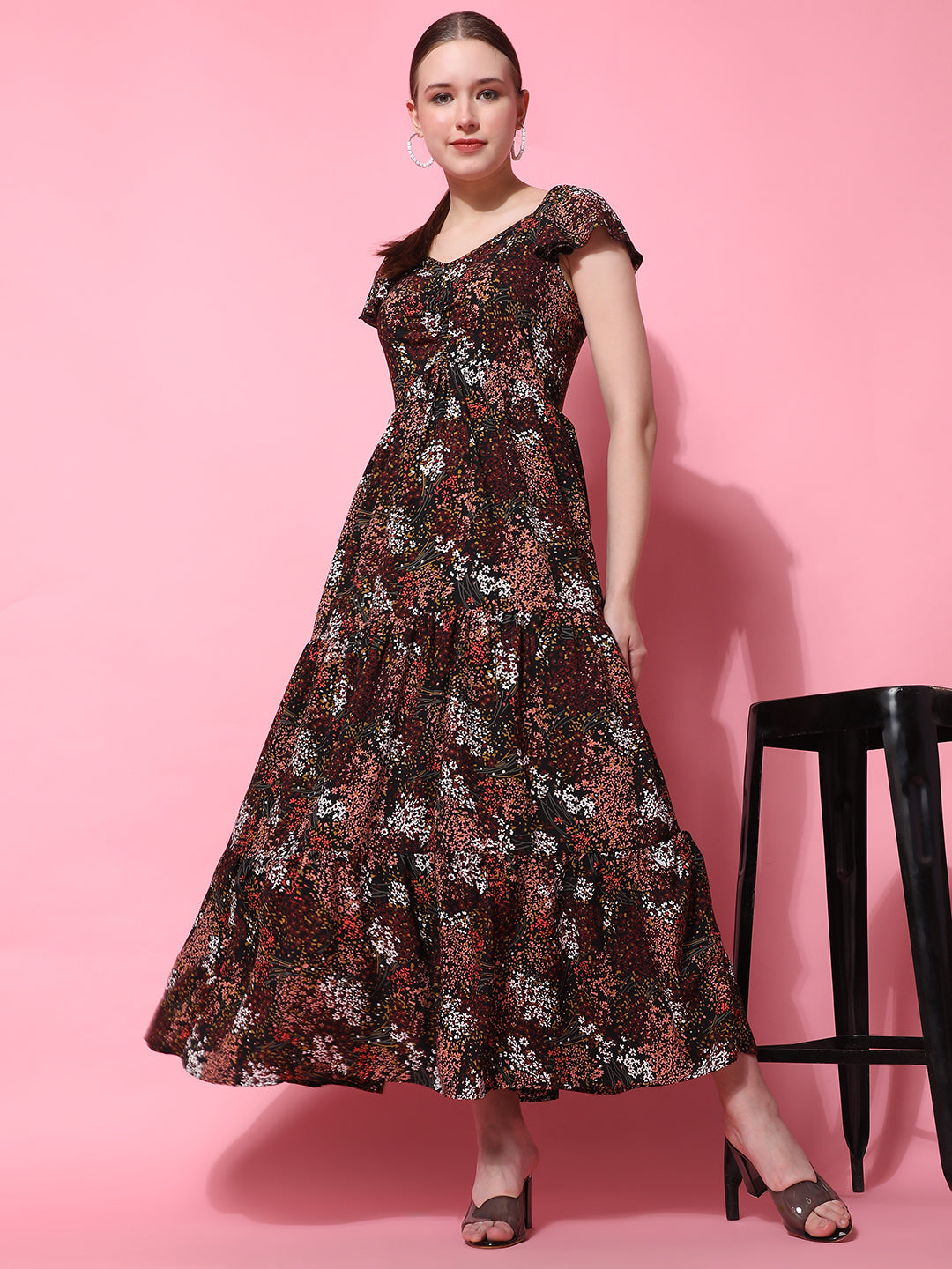 Pomegal Brown Floral Printed Tiered Maxi Dress