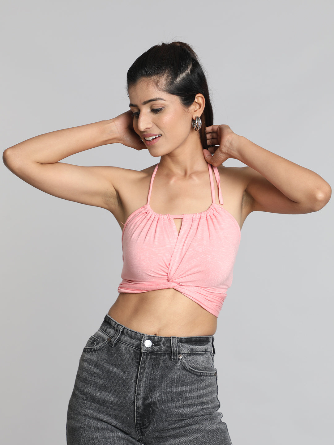 Pink Solid Halter Neck Bralette Top