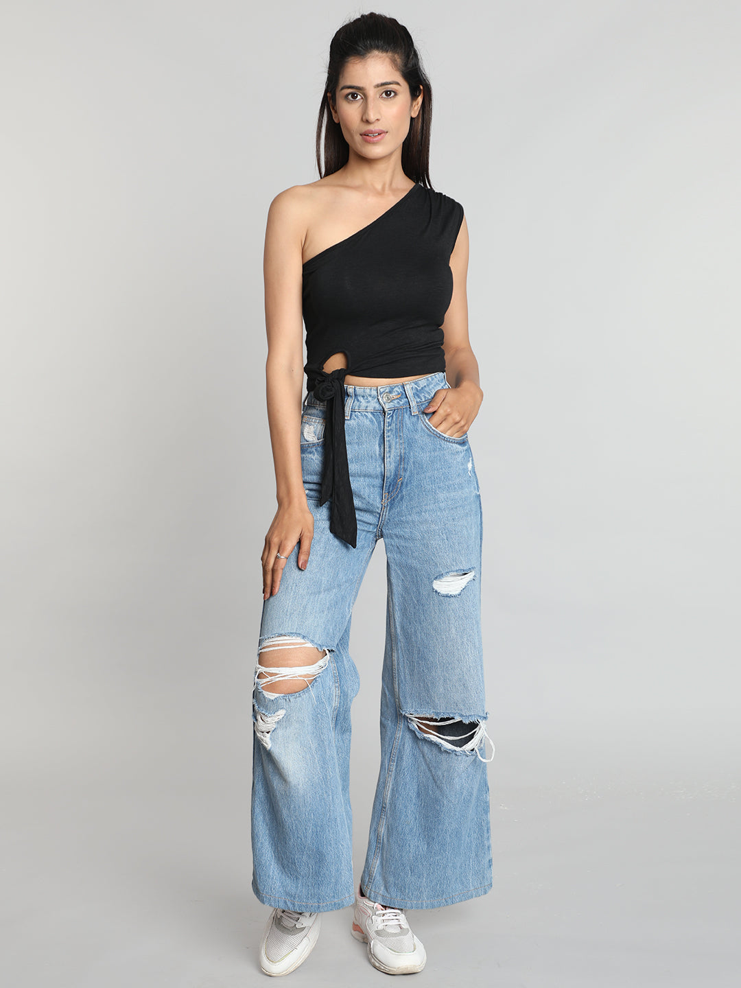 Teal Blue Solid One shoulder Crop Top Black