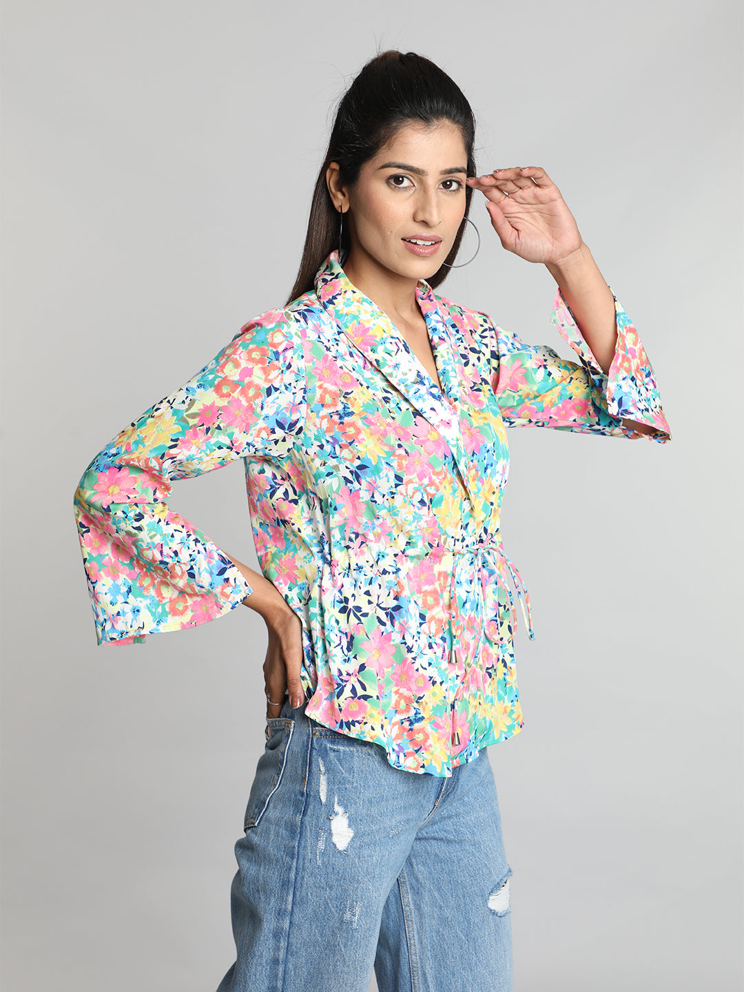 Multicolor Floral Printed Clinched Waist Top