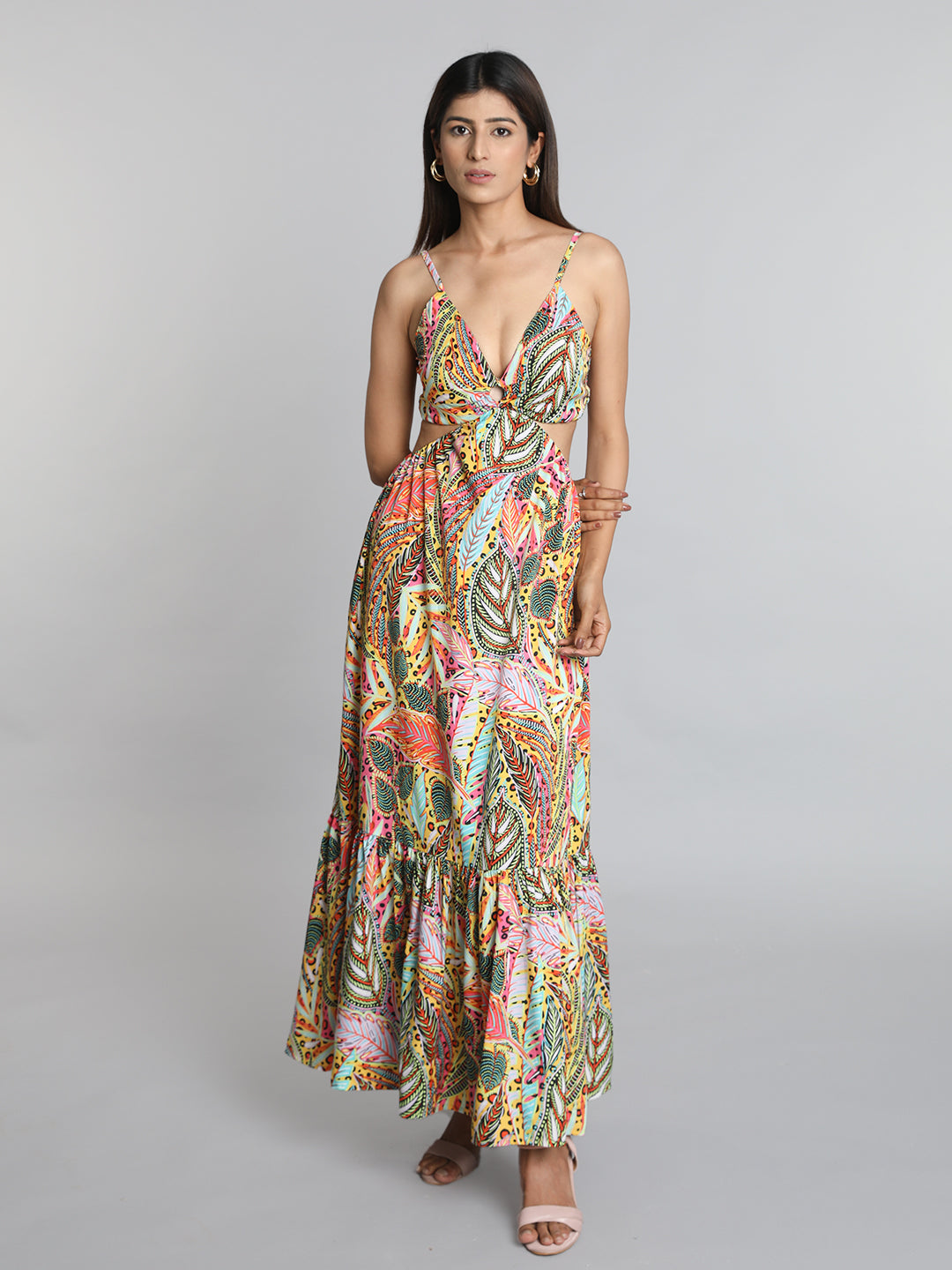 Multicolor Tropical Print Waist Cut Out Maxi Dress