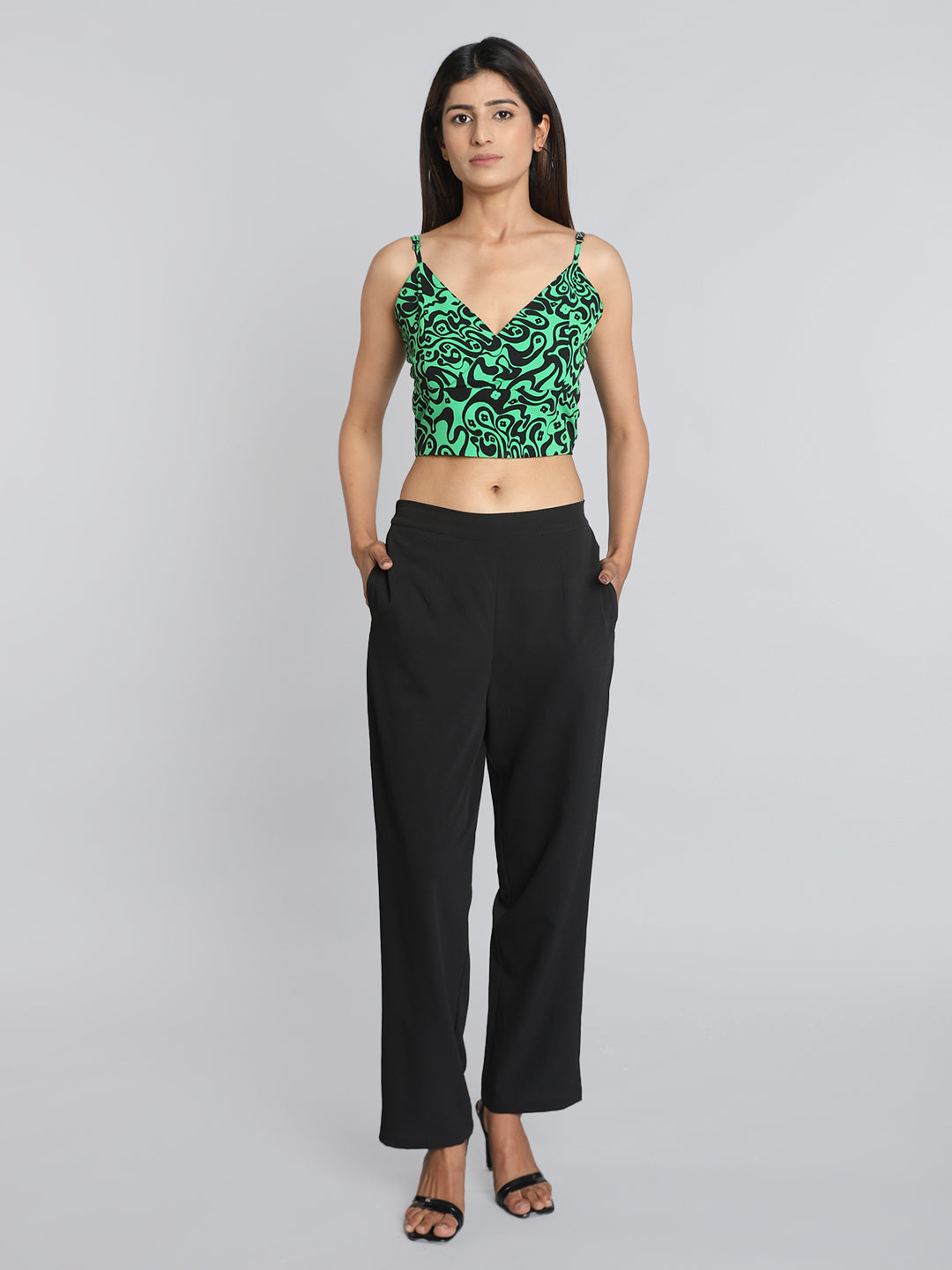 Green Printed Co ord Set with Black Solid Bustier