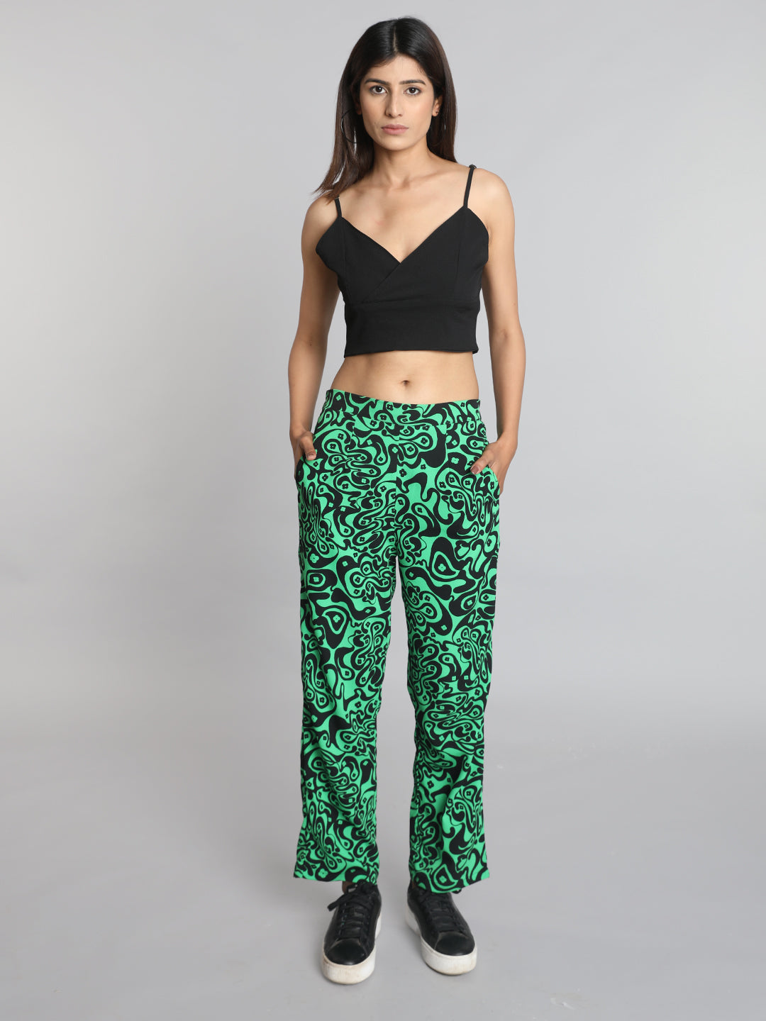 Black Solid Co ord Set with Green Printed Bustier