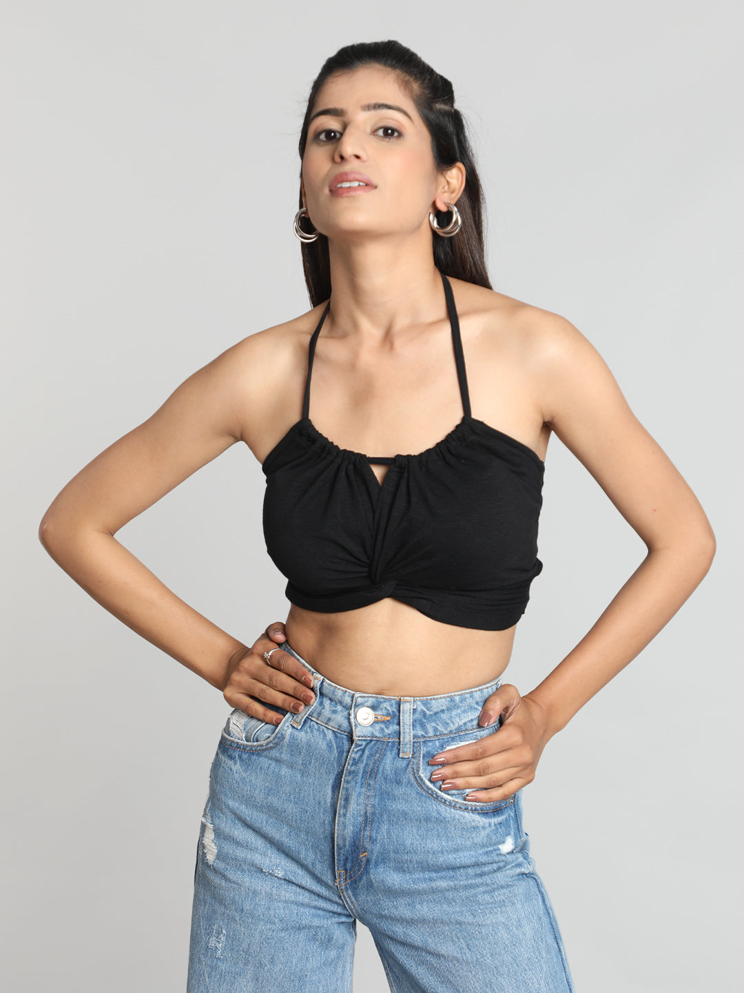 Black Solid Halter Neck Bralette Top