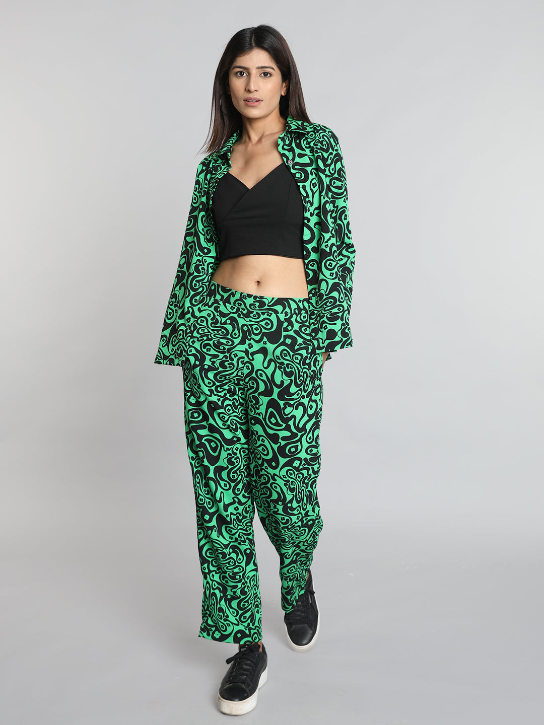 Green Printed Co ord Set with Black Solid Bustier