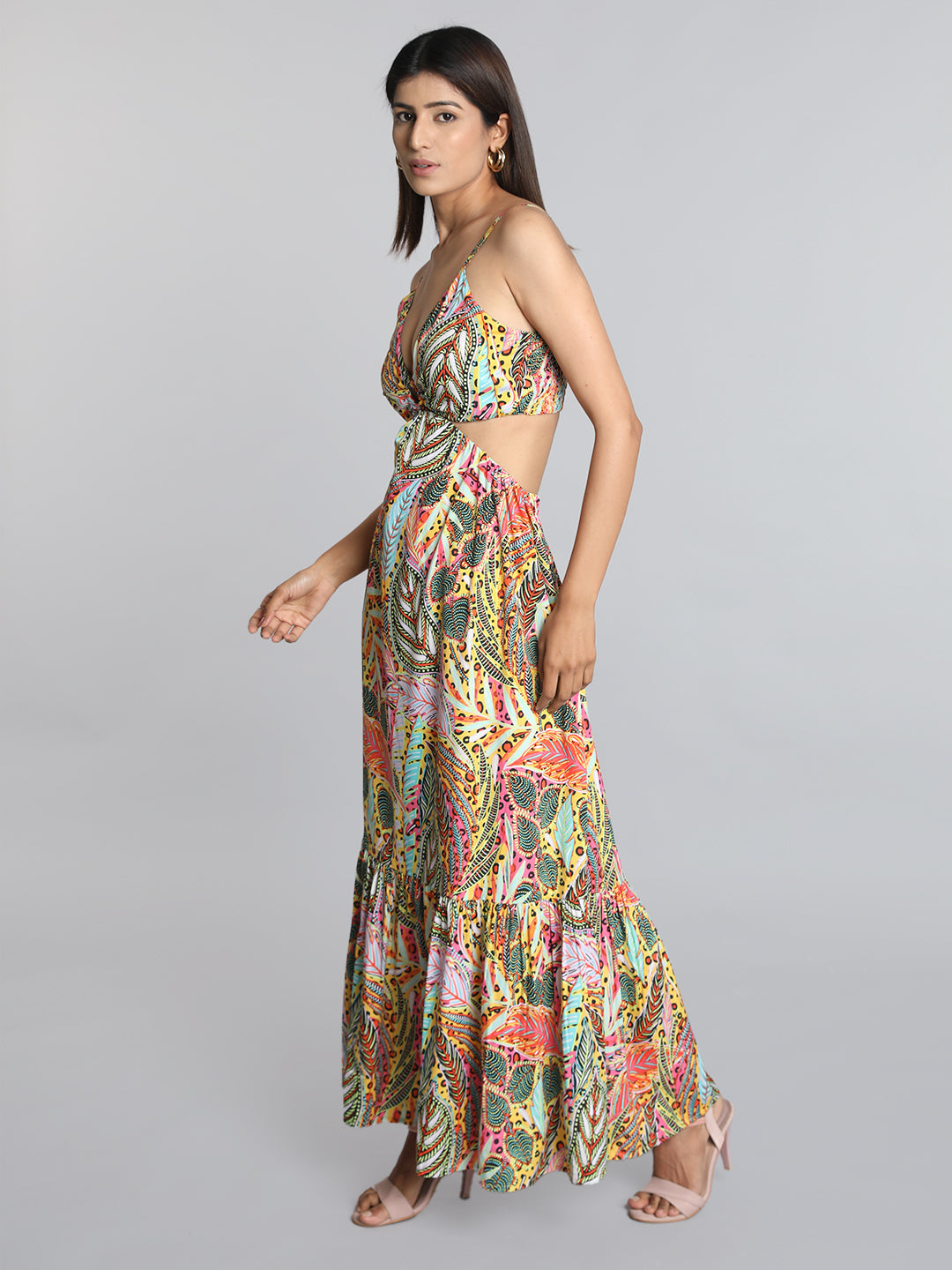 Multicolor Tropical Print Waist Cut Out Maxi Dress