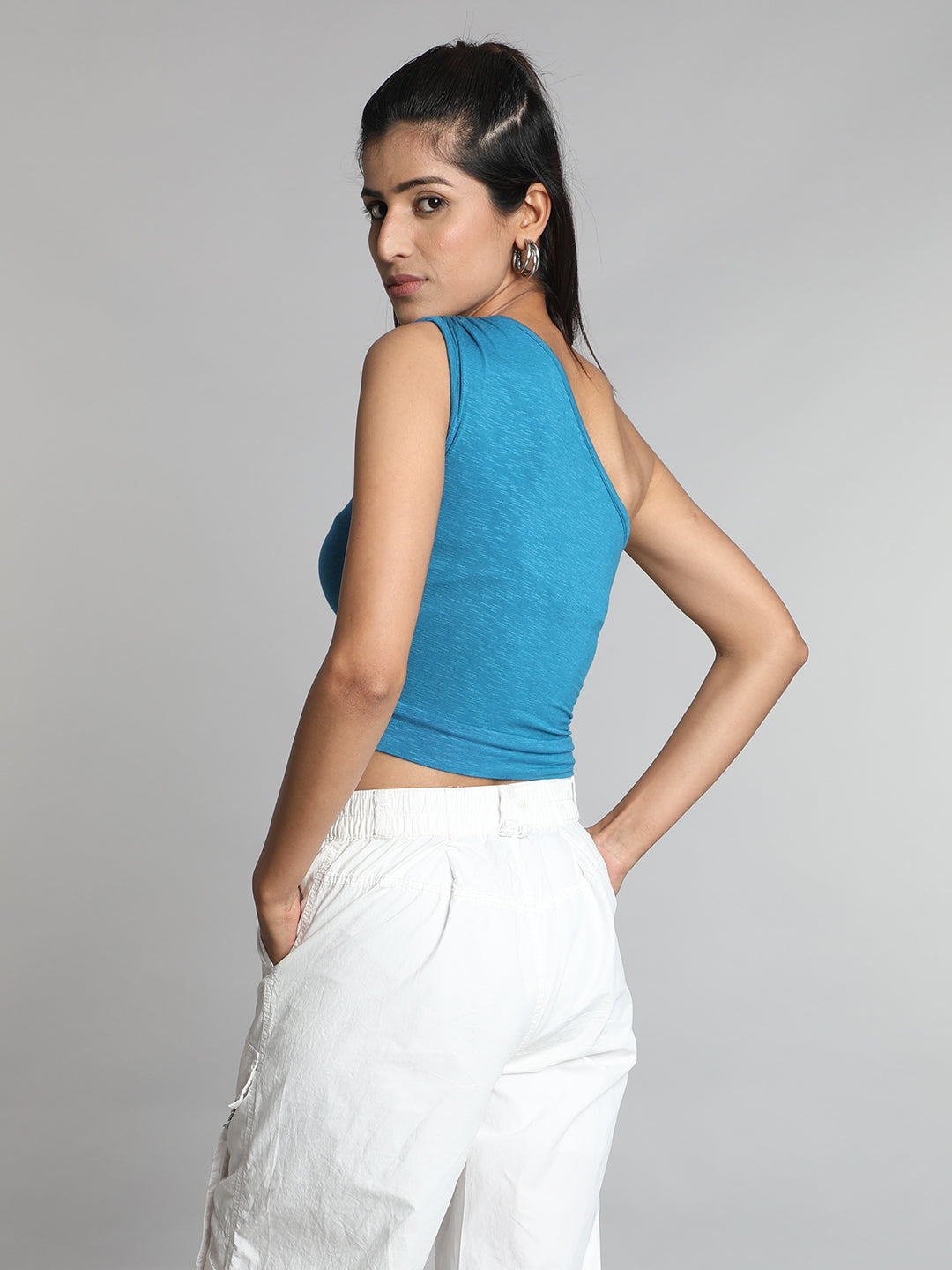 Teal Blue Solid One shoulder Crop Top