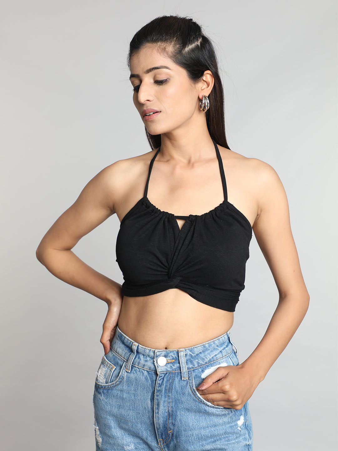 Black Solid Halter Neck Bralette Top Black