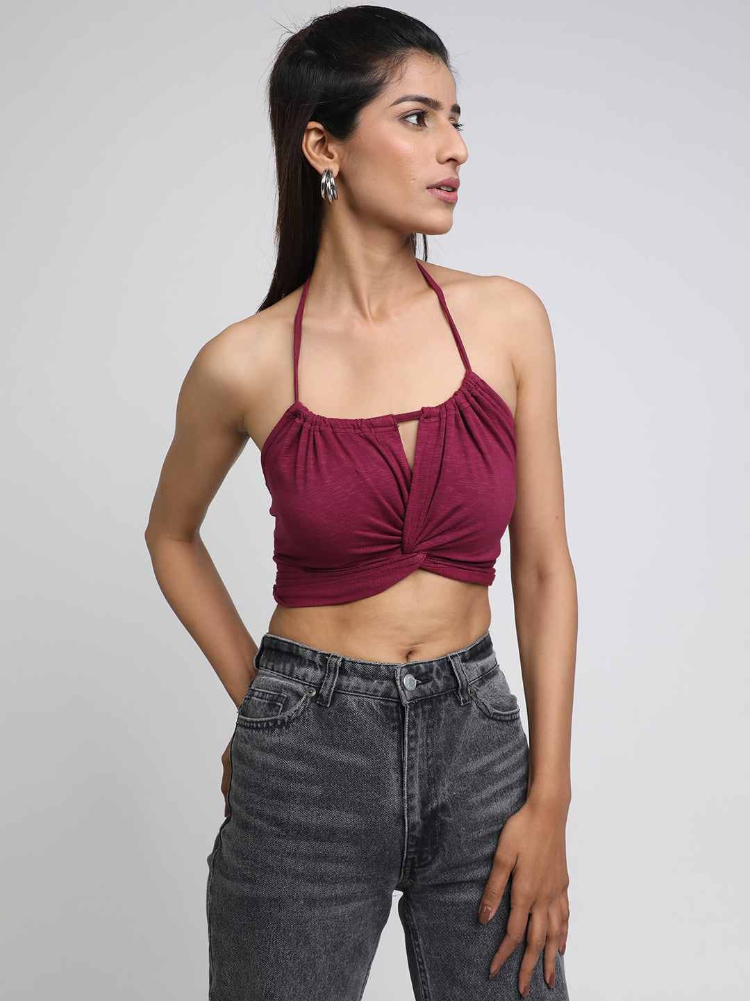 Pink Solid Halter Neck Bralette Top