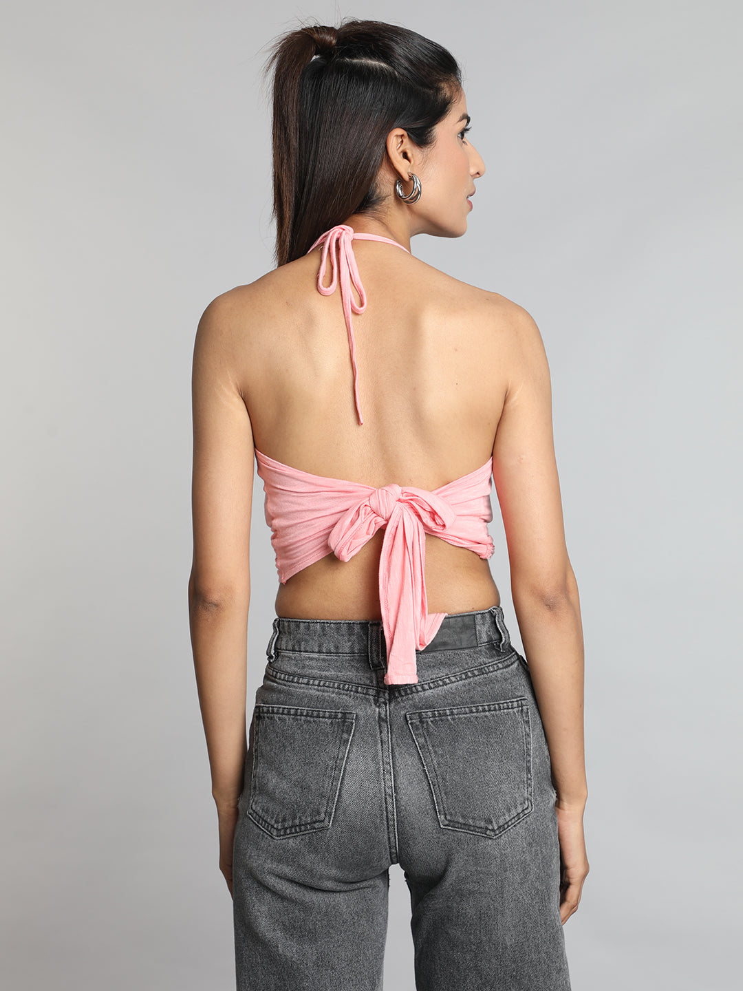 Pink Solid Halter Neck Bralette Top