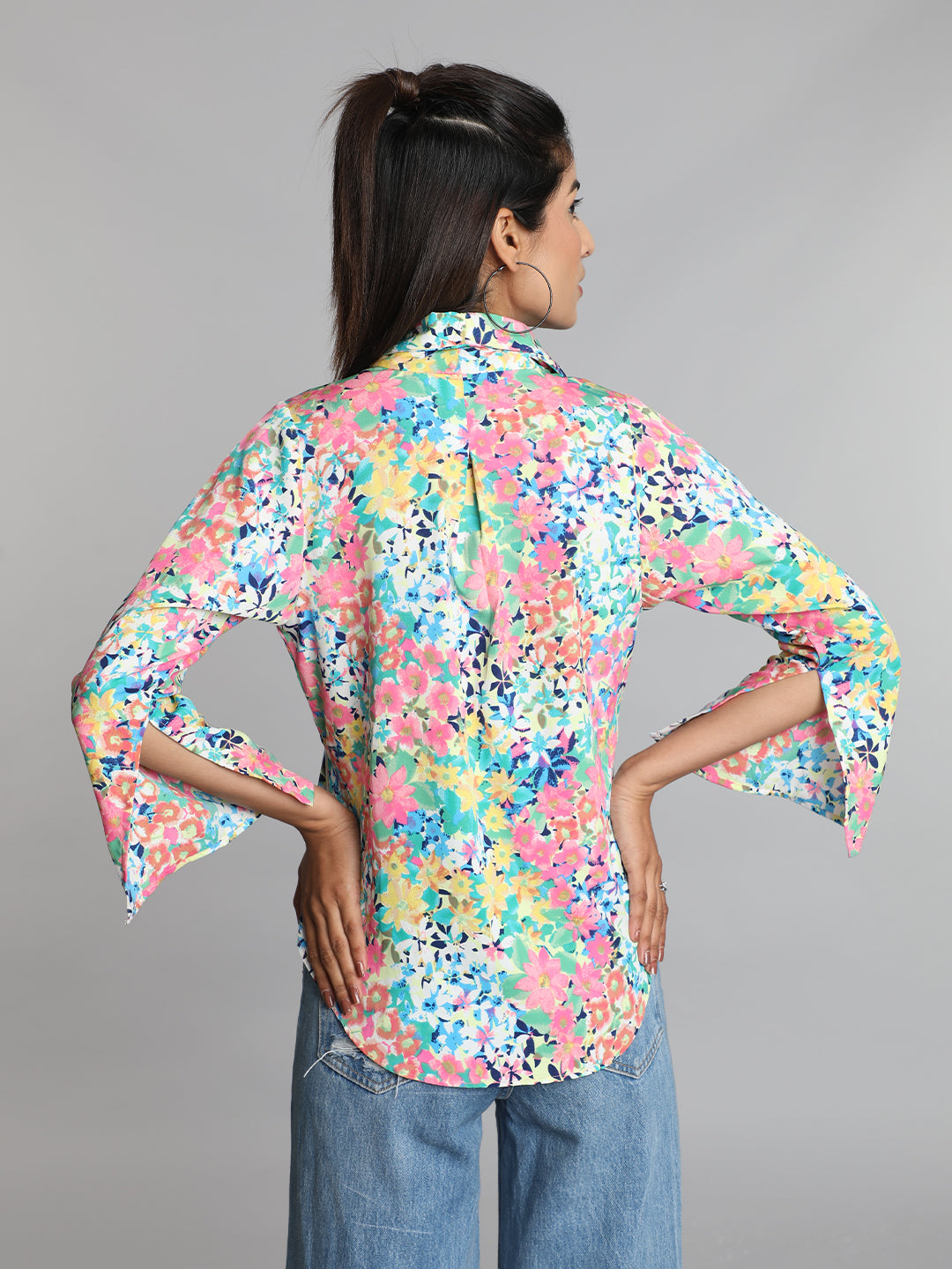 Multicolor Floral Printed Clinched Waist Top