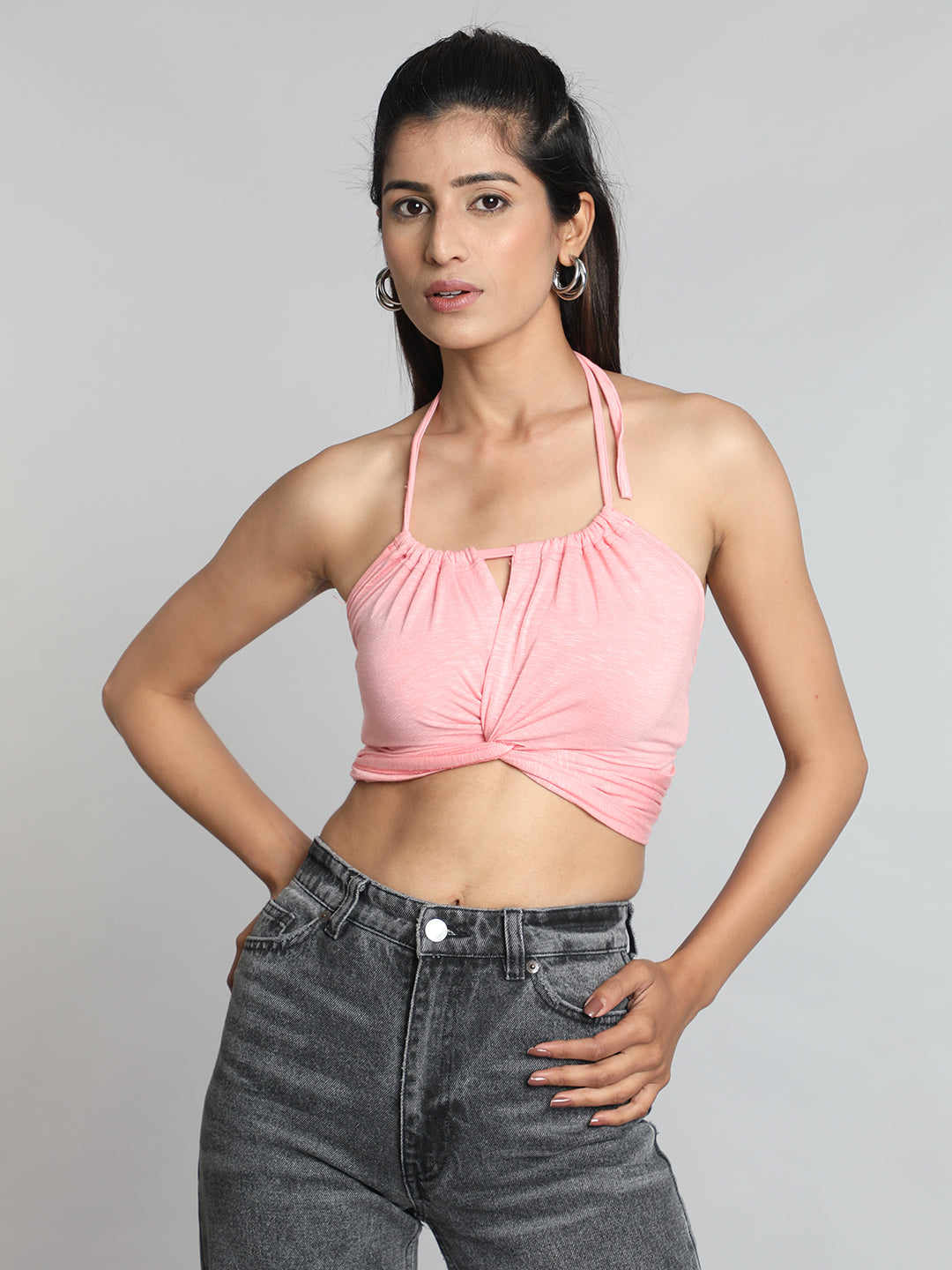 Black Solid Halter Neck Bralette Top Pink