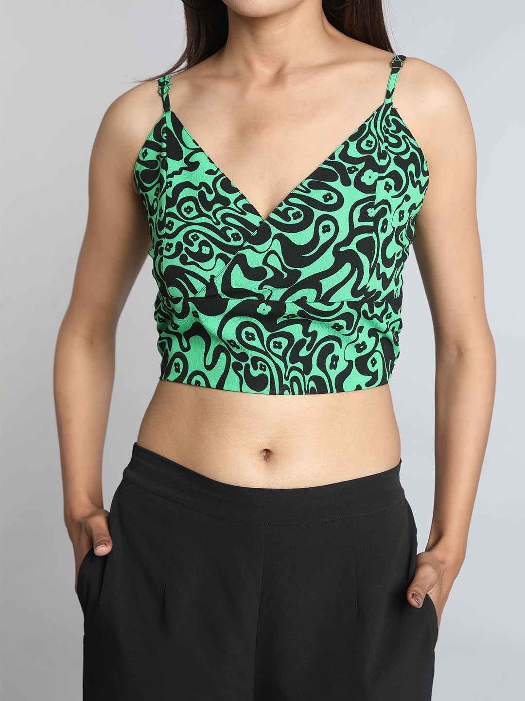 Green Printed Co ord Set with Black Solid Bustier