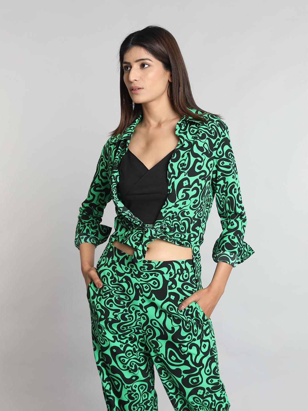 Green Printed Co ord Set with Black Solid Bustier Green