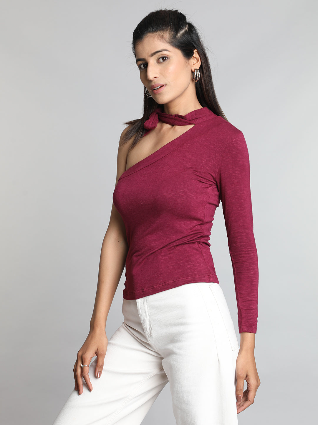 Pink Solid One shoulder Tie Up Top Maroon