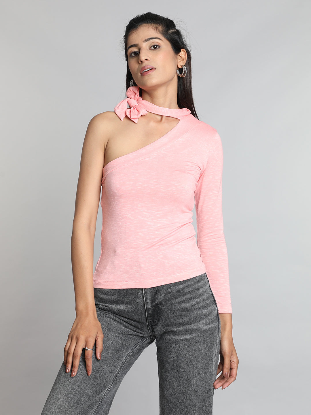 Pink Solid One shoulder Tie Up Top